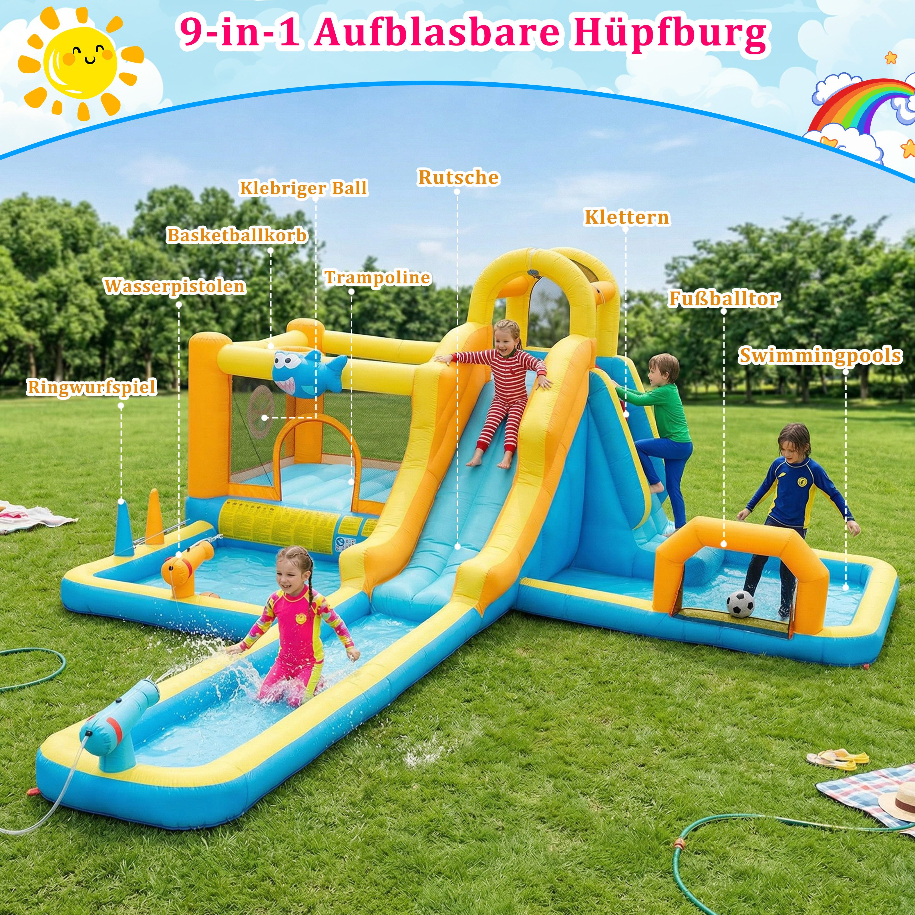 UEV Hüpfburg mit Gebläse Groß Aufblasbare Wasserpark Springburg 590x502x220cm, (XXL für Kinder von 3-10 Jahre, mit Kletterwand Sicherheitsnetz Kindergeburtstag), für Indoor und Outdoor lange Wasserrutsche Springen