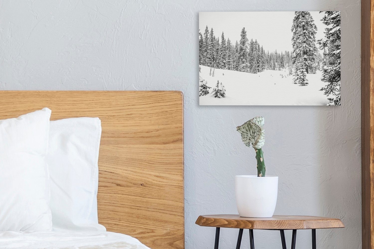 OneMillionCanvasses® Leinwandbild St), schwarz (1 - und Wandbild auf Aufhängefertig, weiß, cm wachsen Bäume Leinwandbilder, Wanddeko, verschneiten einem Wald 30x20