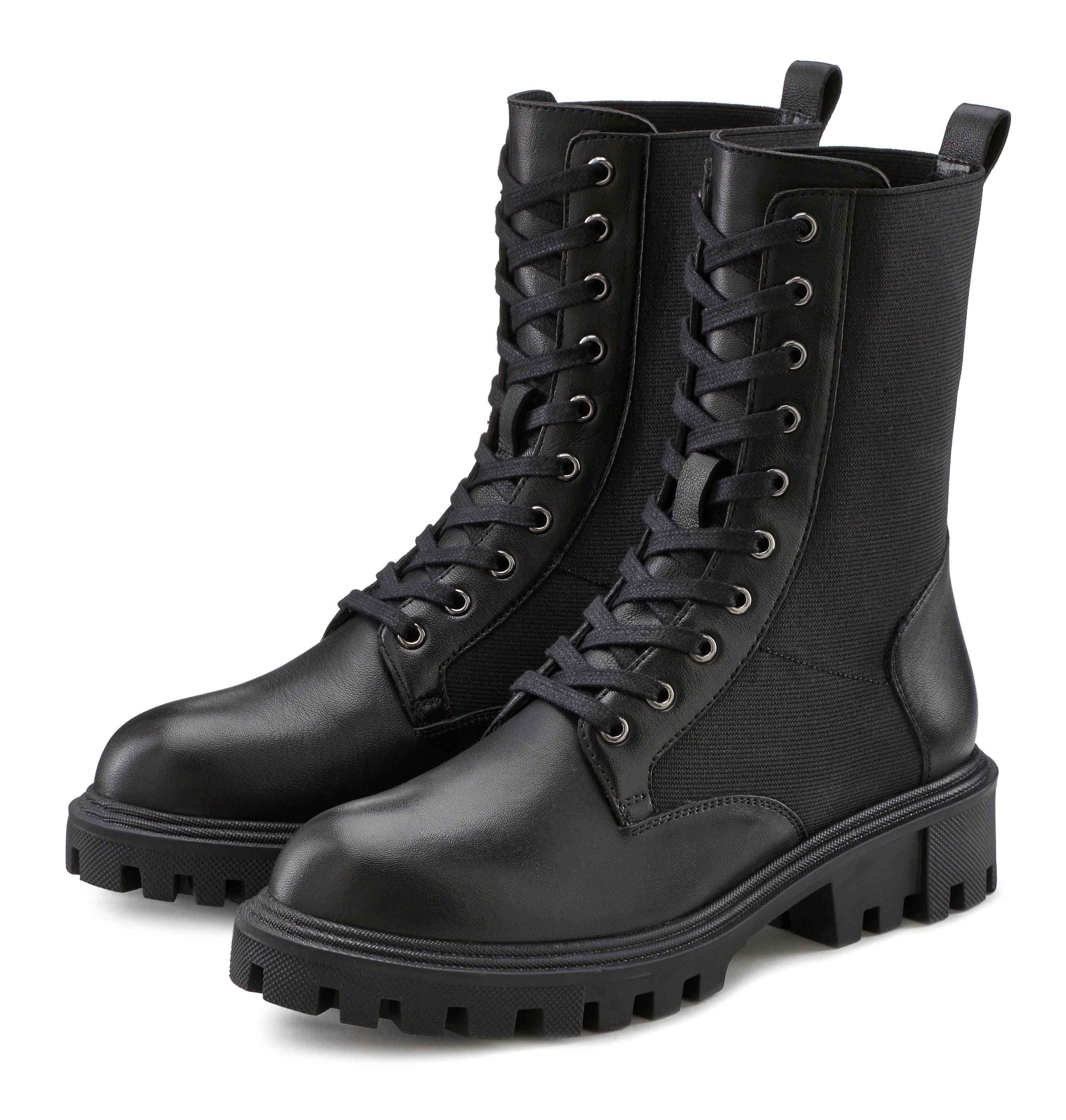 Materialmix Schnürboots, Stiefelette Profilsohle, LASCANA mit Bikerboots, schwarz