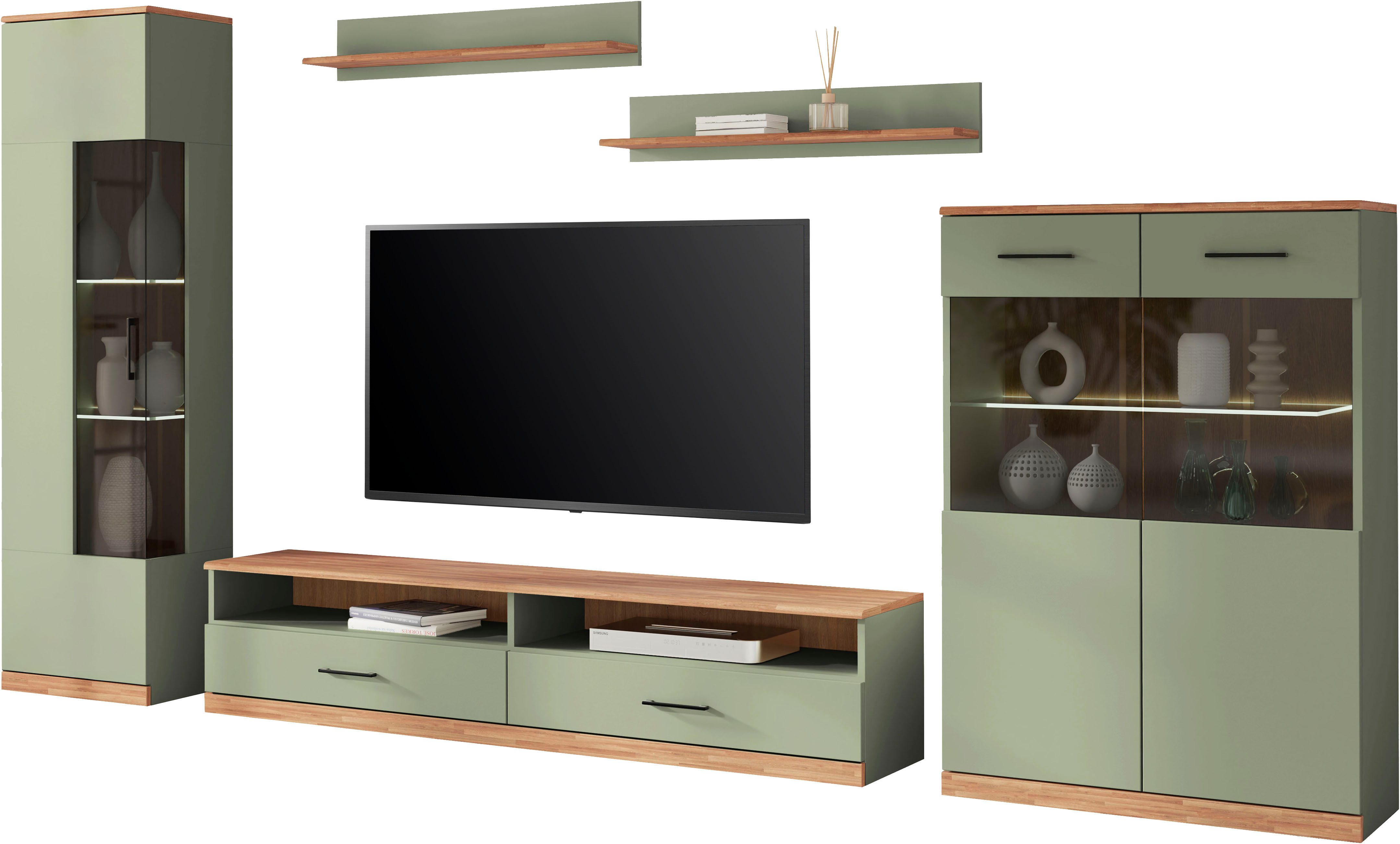 Home affaire Wohnwand Ribe,Set-5 St.,Oberplatten Eiche massiv,viel Stauraum, (5-St), Glaseinsatz aus gehärtetem Glas,Böden teilweise versetzbar