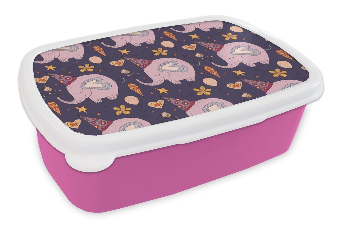 MuchoWow Lunchbox Geburtstag - Elefant - Muster, Kunststoff, (2-tlg), Brotbox für Erwachsene, Brotdose Kinder, Snackbox, Mädchen, Kunststoff rosa