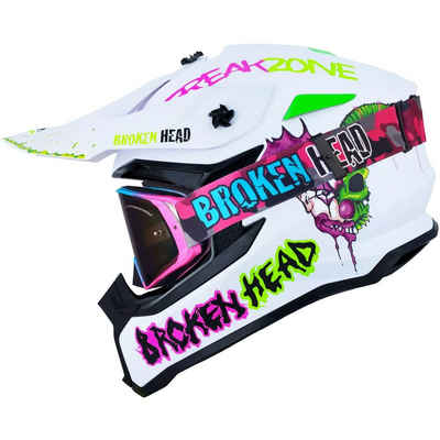 Broken Head Motocrosshelm Freakzone Weiß-Pink + MX-Brille Regulator Pink (Mit MX-Brille), Verrücktes Clown-Motiv