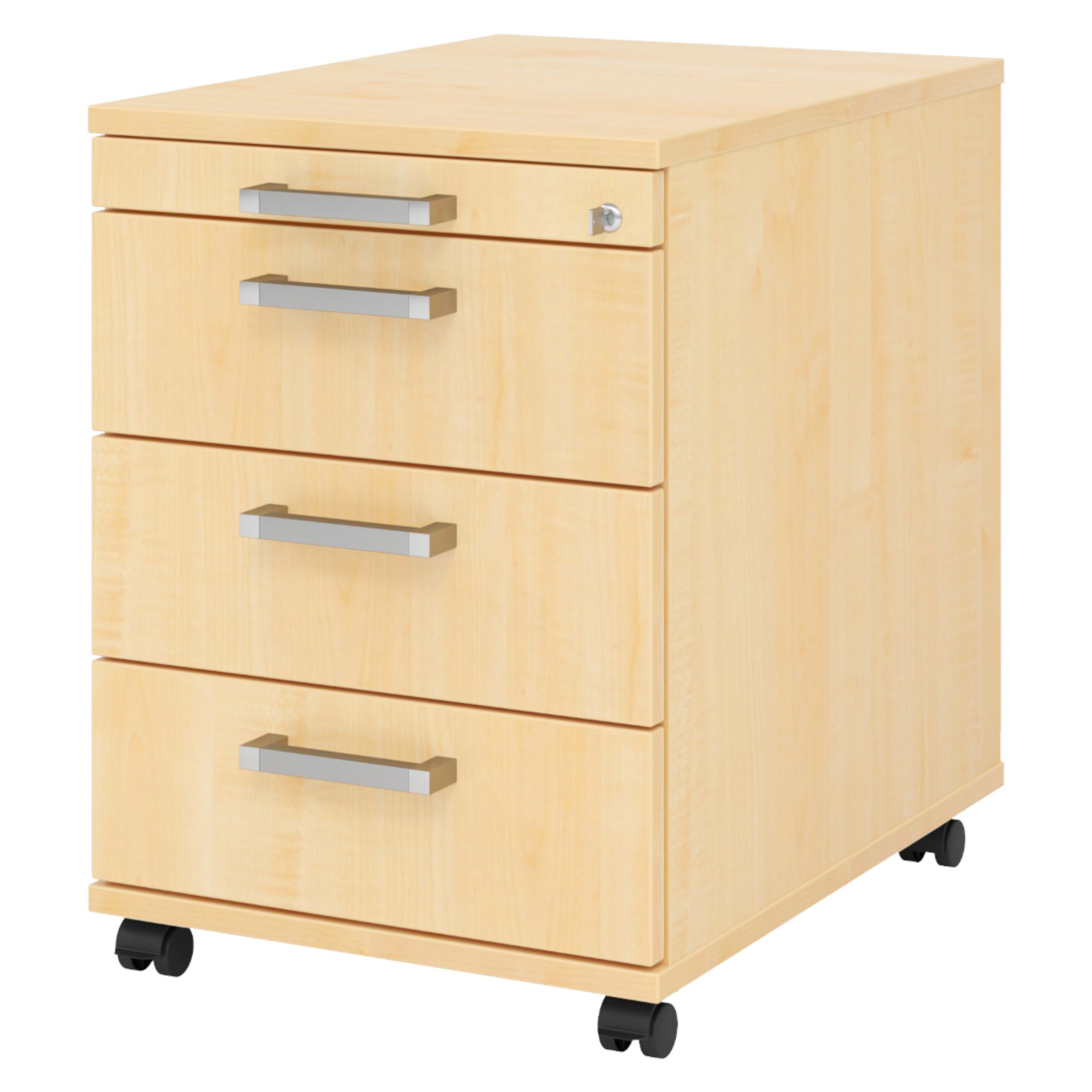 bümö Rollcontainer office Bürocontainer - 3 Materialschubladen, Dekor: Ahorn mit Chromgriff (Metall)