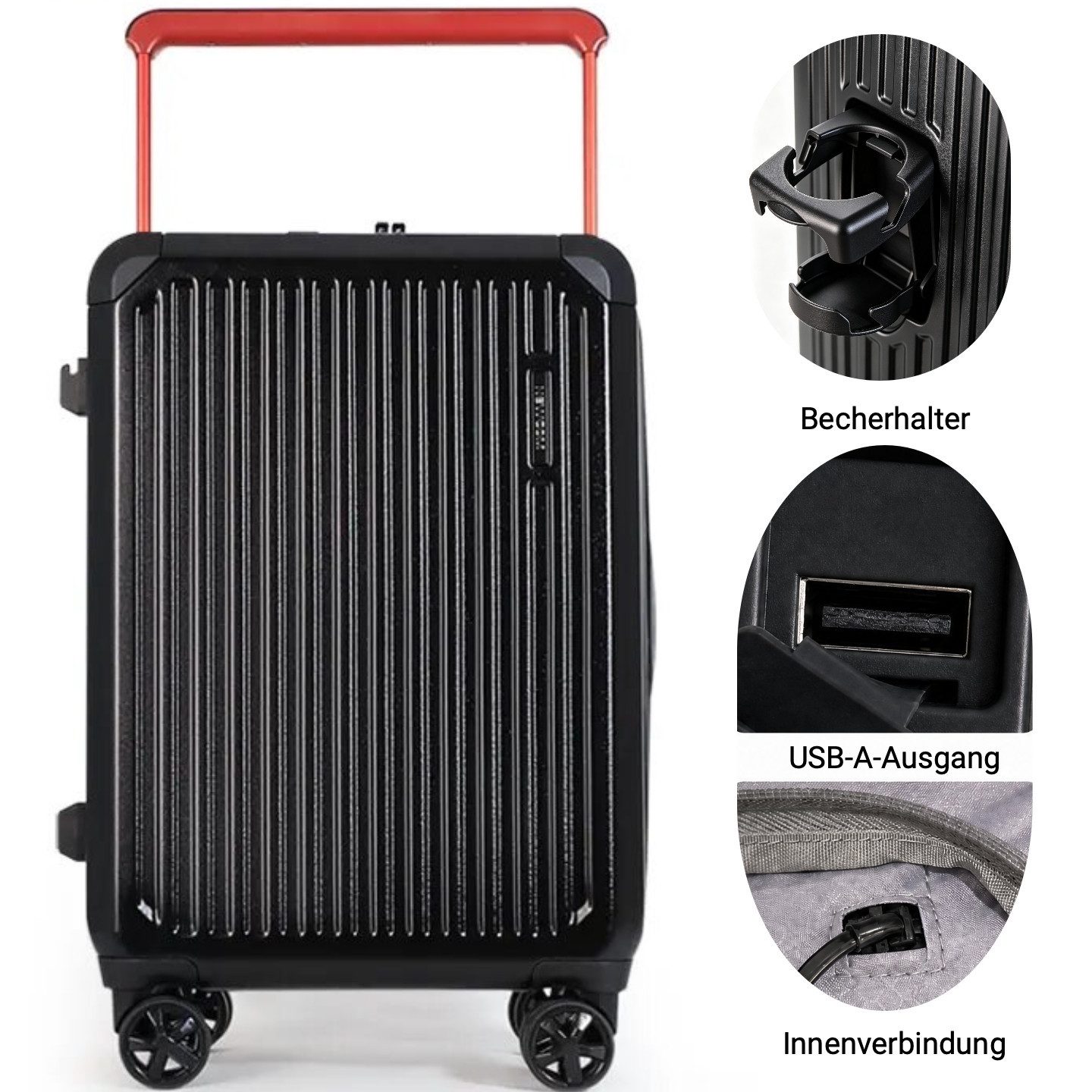 Super Solu Hartschalen-Trolley Handgepäck 55x38x24cm Koffer mit Breitgriff leicht & robust Premium, 4 Rollen, ABS+PC Reisekoffer mit TSA-Schloss & Becherhalter, Schwarz