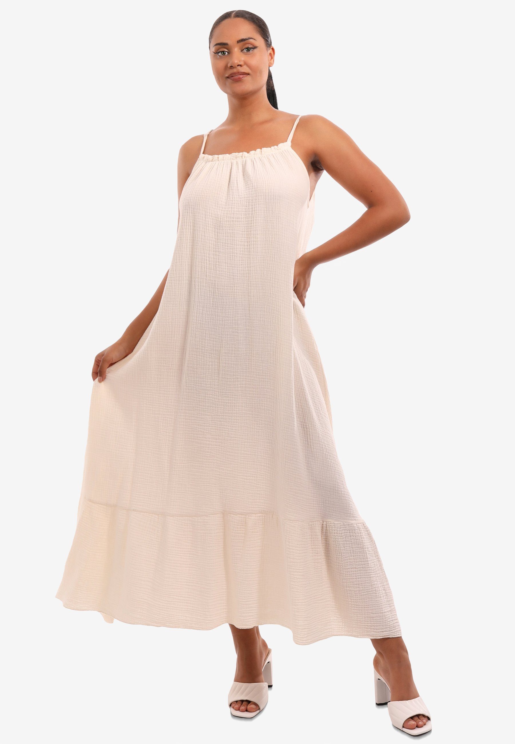 Maxikleid Fashion Baumwolle in Creme Maxikleid Style aus Schwingendes YC Musselin-Qualität &