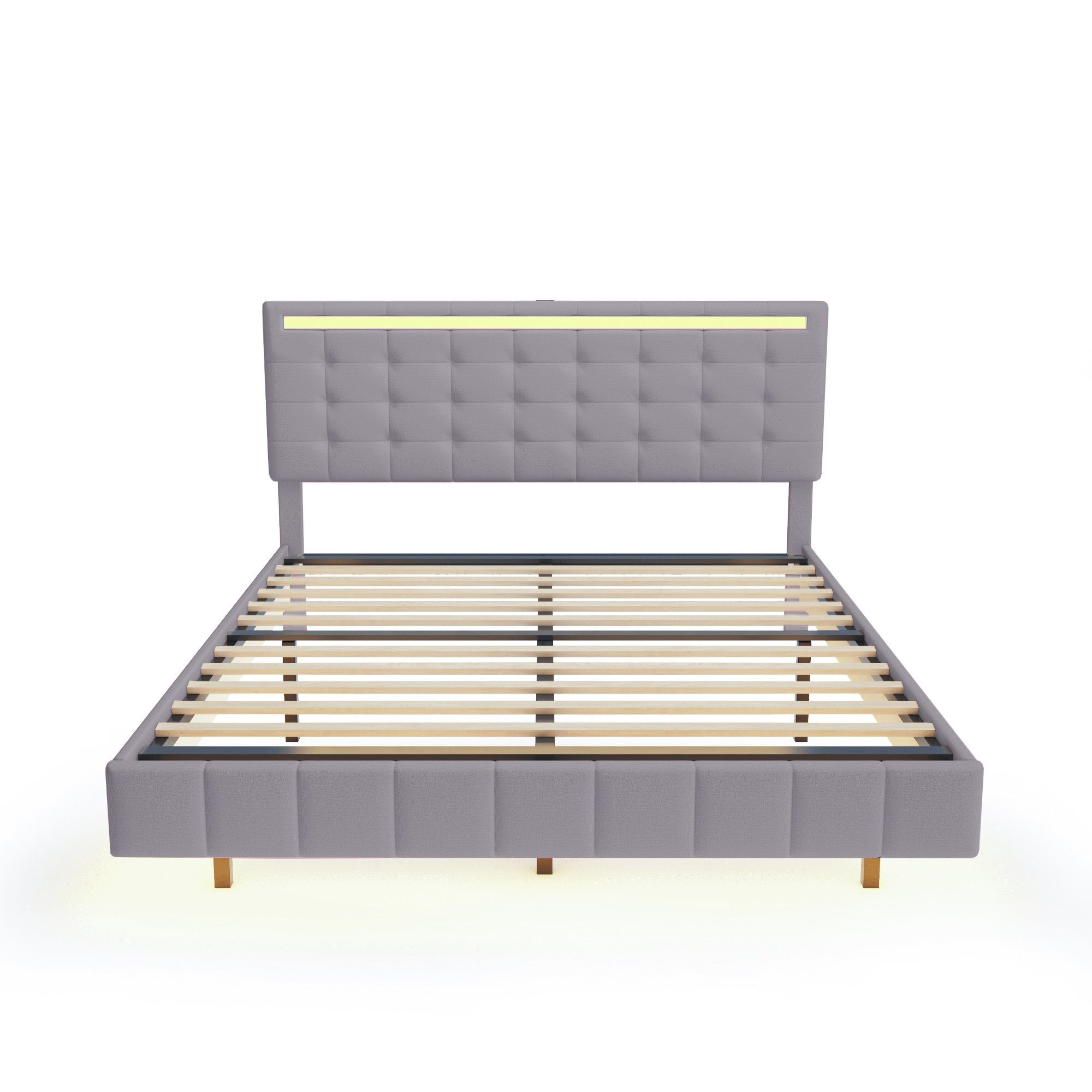 Polsterbett (LED Doppelbett), mit USB Ladefunktion und höhenverstellbarem Kopfteil 160x200cm, Leinen