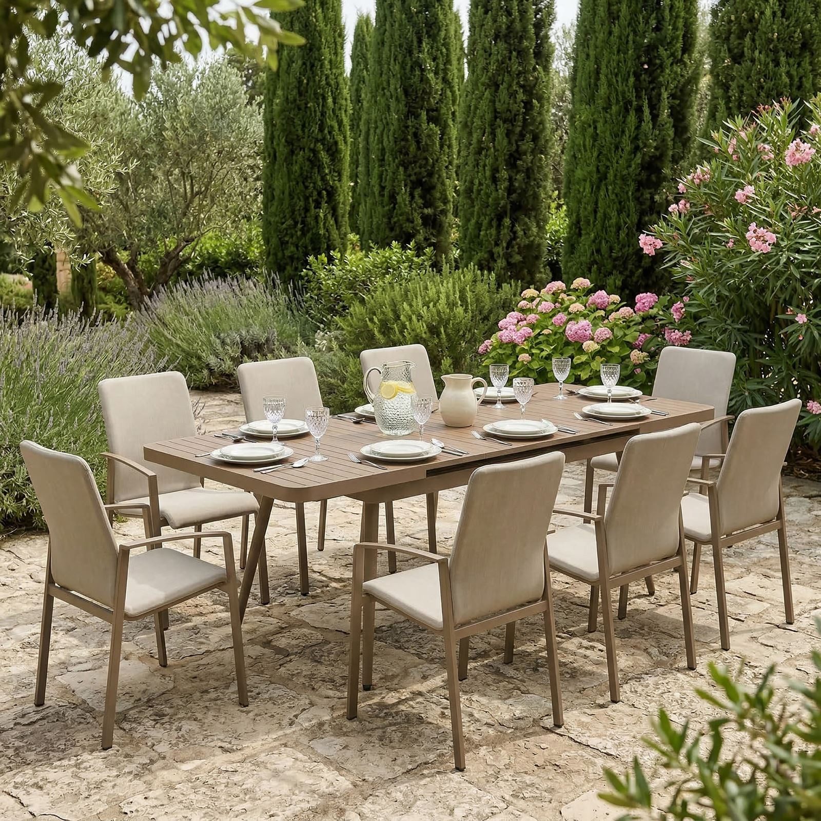 IDIMEX Garten-Essgruppe SUNNY VERANO, Outdoor Essgruppe mit 8 Stühlen und ausziehbarem Tisch Champagner