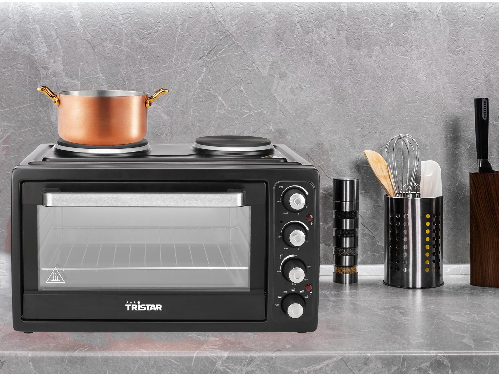 Tristar Minibackofen, Kleiner 38L Tisch-Backofen autark Mini Oven Pizzabackofen, Campingofen