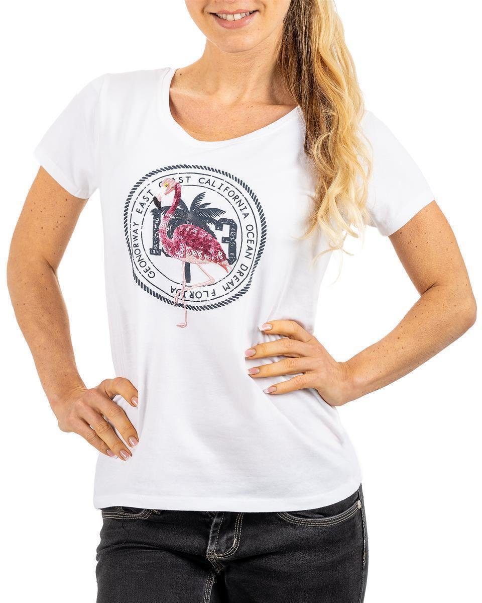 Geo Norway T-Shirt Süßes Kurzarm Shirt bajaroline Lady (1-tlg) mit Flamingo Motiv Weiß
