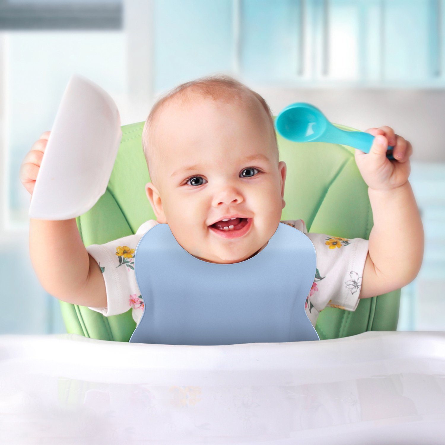 (Baby mit Lätzchen BLAU), spülmaschinenfest Intirilife in BPA-frei Auffangschale Lätzchen,