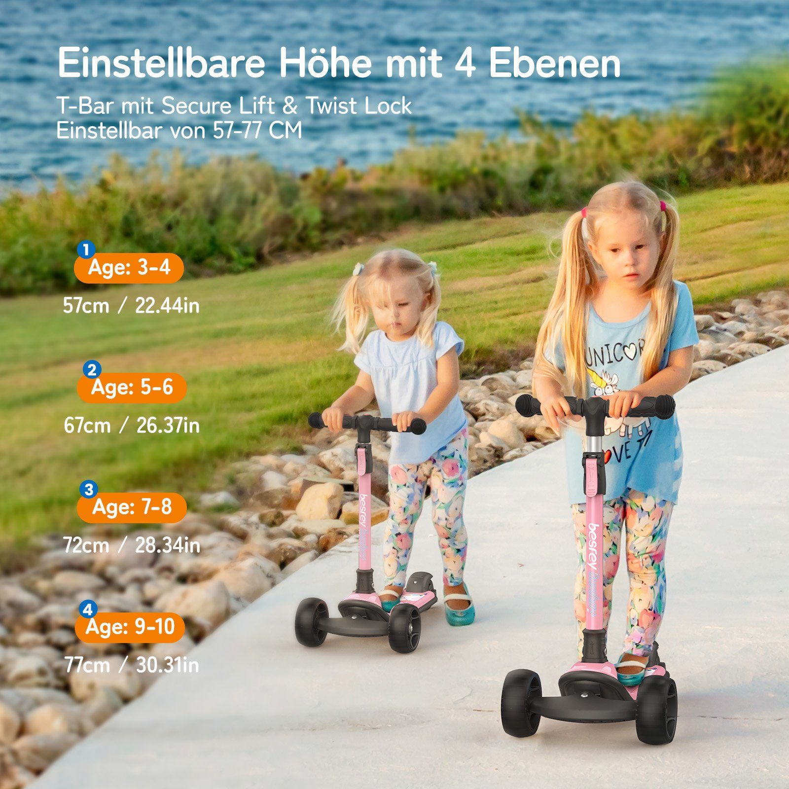 besrey Dreiradscooter Kinder Scooter Kinder Roller Kinderroller ab 2 jahre faltbar, Alle drei Räder mit LED, Kinderscooter mit ABEC-7 Kugellager