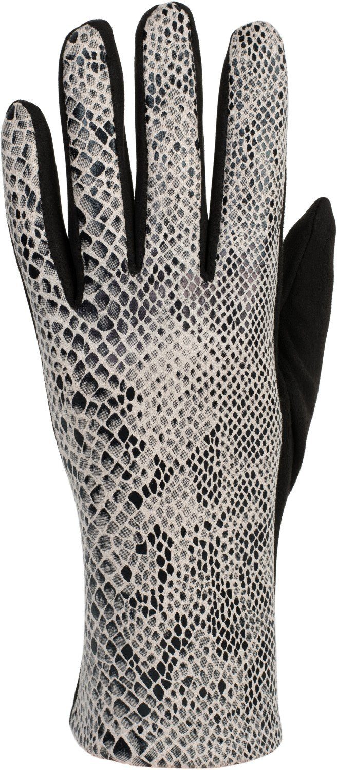 Handschuhe styleBREAKER Stoff Schlangenleder Schwarz-Weiß in Optik Strickhandschuhe