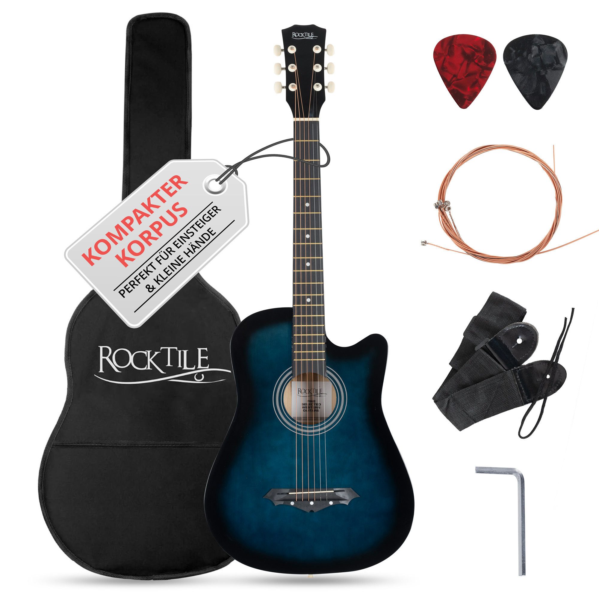 Rocktile Westerngitarre WSD-5C Slim Line Akustikgitarre Set - Dreadnought Akustik Gitarre, Set inkl. Tasche, Ersatzsaiten, Gurt und Plektren