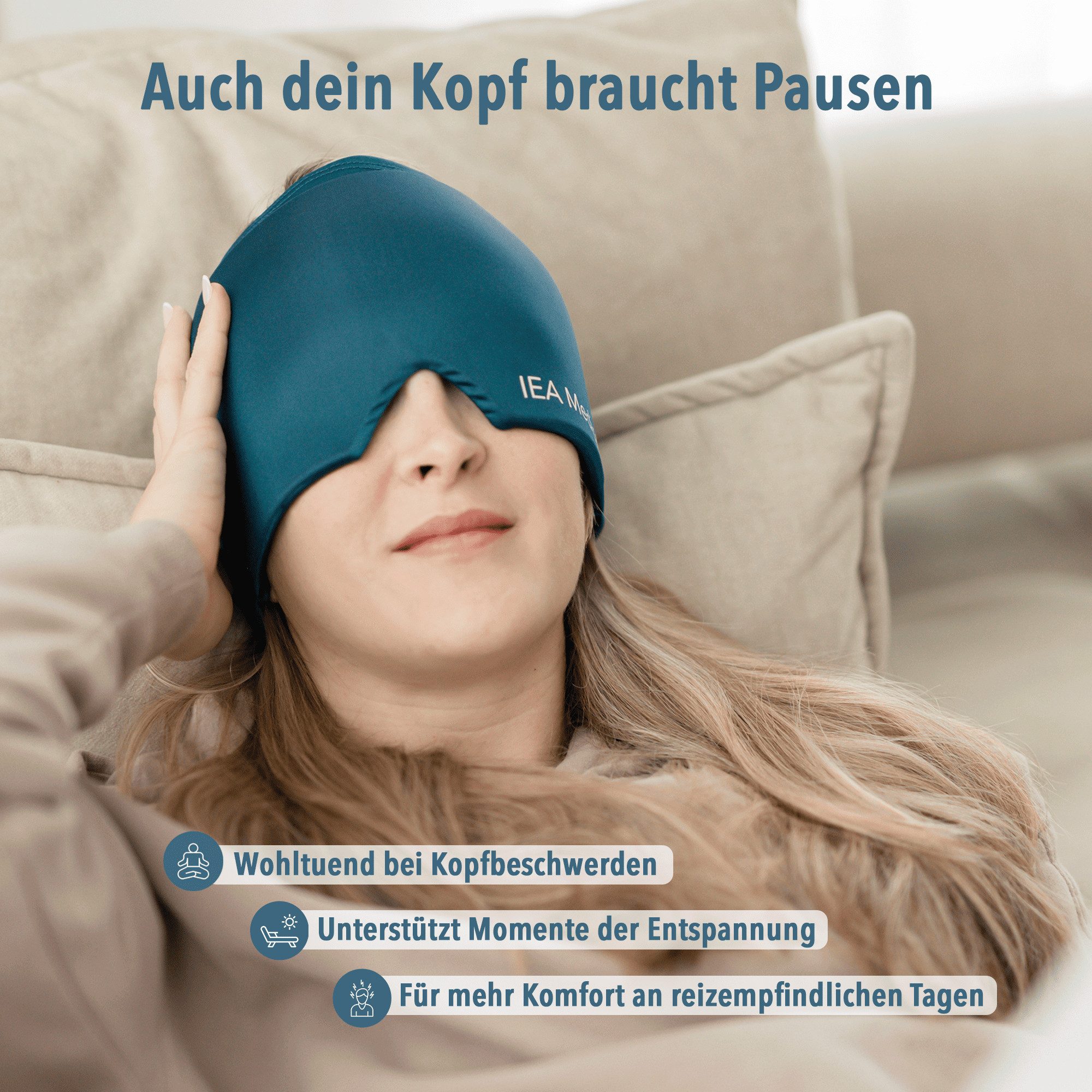IEA Medical Schlafmaske Migräne Maske für Kopf – Kalt/Warm Gelmaske, Lichtschutz, blau, Soft & elastisch, abdunkelnd, reisetauglich, Kühlmaske,Schlafmaske