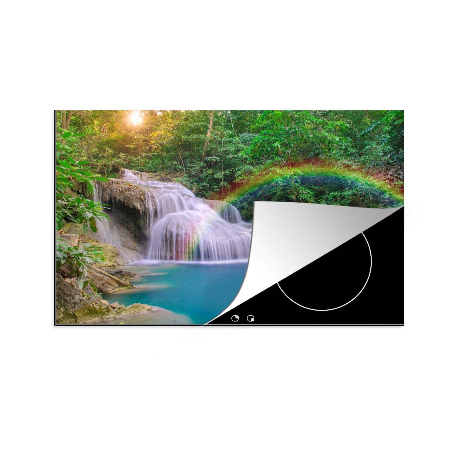 MuchoWow Herdblende-/Abdeckplatte Regenbogen - Sonne - Wasserfall - Natur, Vinyl, (1 tlg), 80x52 cm, Induktionskochfeld Schutz für die küche, Ceranfeldabdeckung