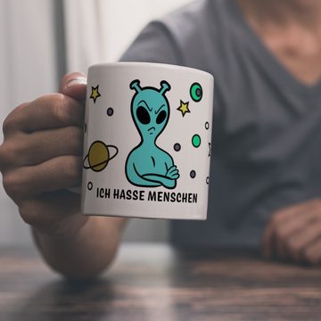 speecheese Tasse Kaffeebecher mit lustigem Comic Alien Motiv - Ich hasse Menschen