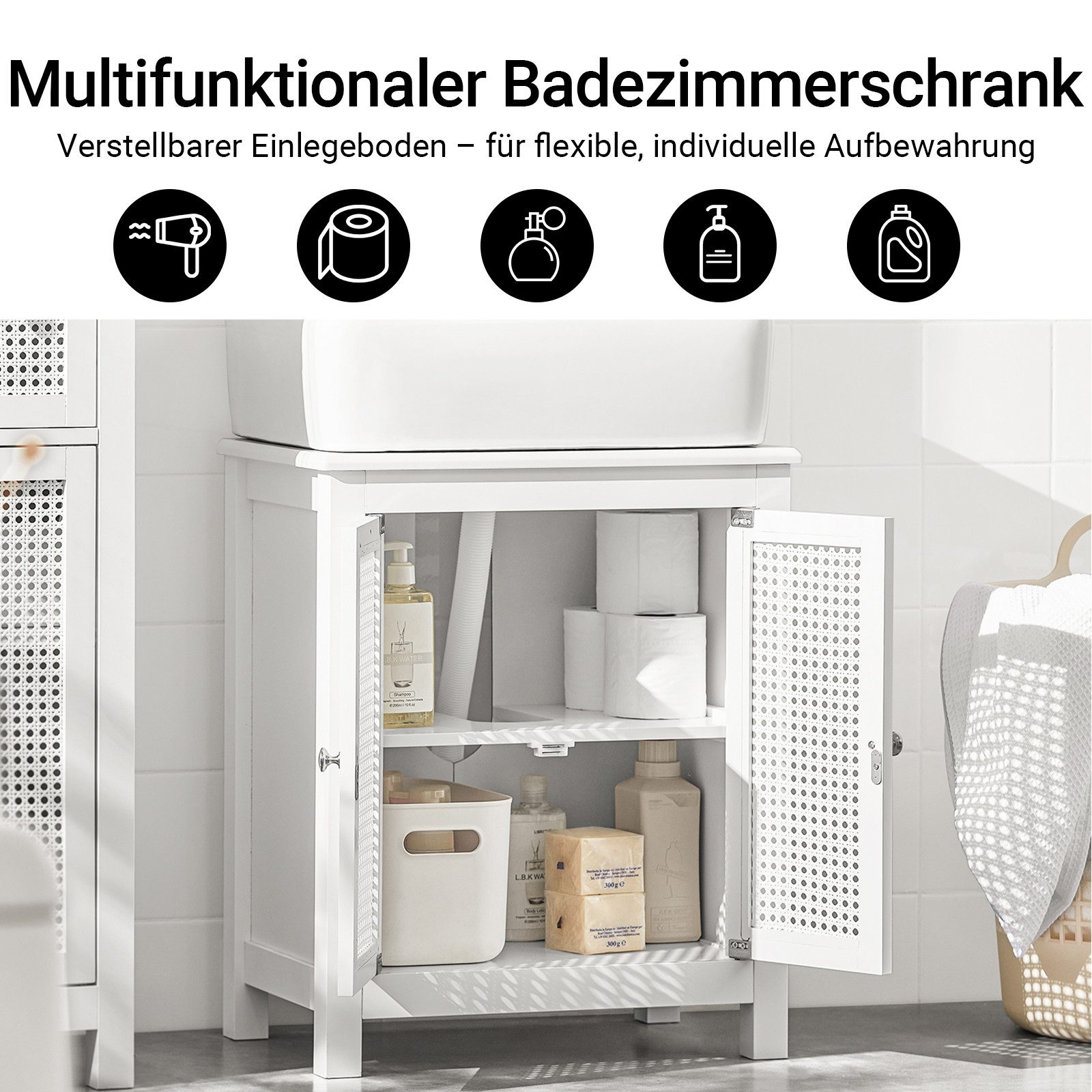 SoBuy Waschbeckenunterschrank BZR35, Waschtischunterschrank Badschrank Badezimmerschrank mit Gitteroptik-Türen Badschrank Waschtisch Unterschrank Badmöbel Weiß