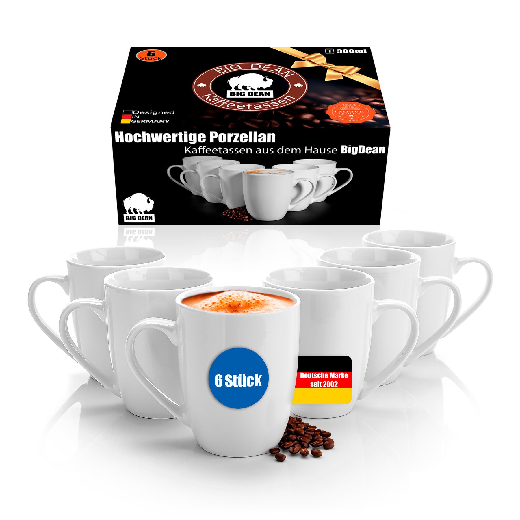 BigDean Tasse 6 Stück Kaffeebecher 300ml aus hochwertigem echtem Porzellan, Porzellan