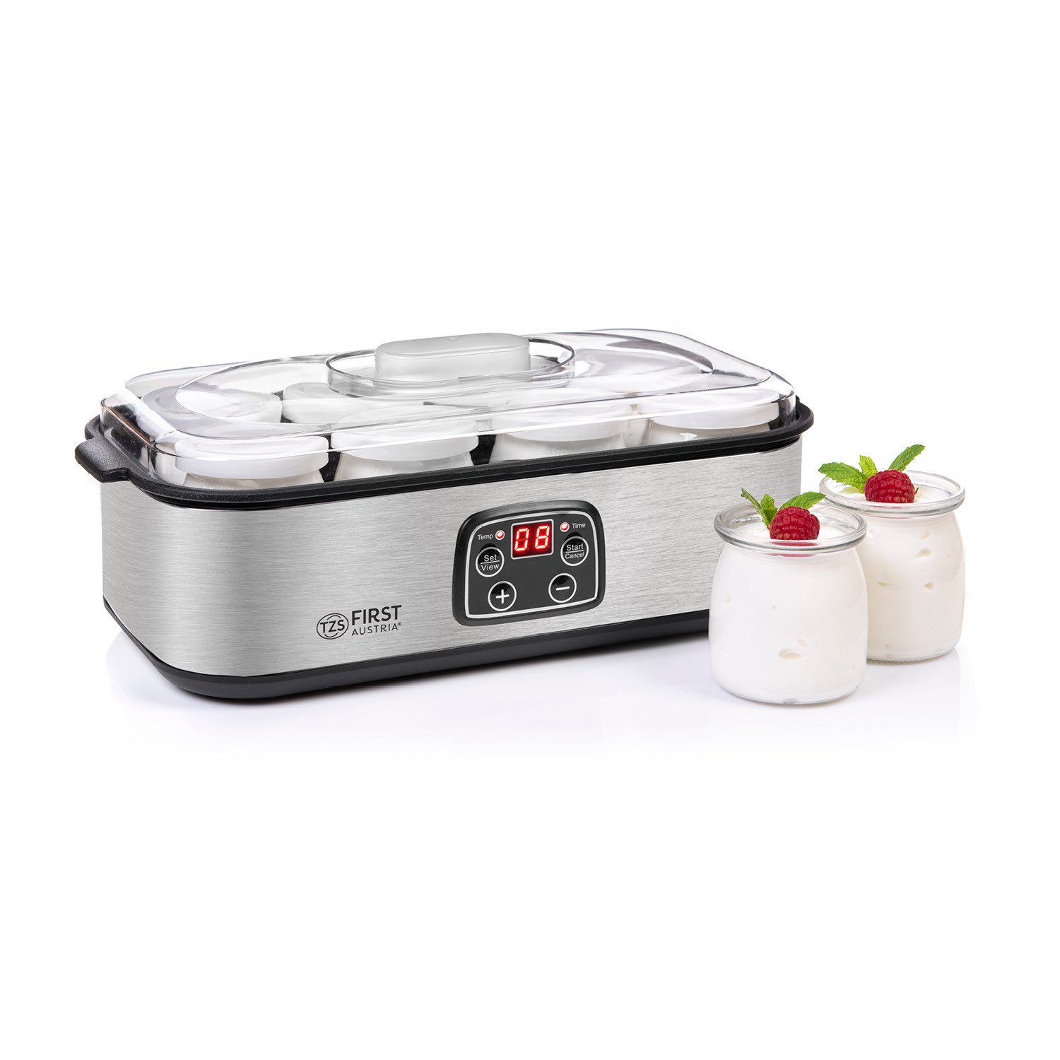 TZS FIRST AUSTRIA Joghurtbereiter Elektischer Joghurtbereiter, Joghurt Maker, 25 W, 8 Gläser, 190 ml, LCD-Display, Temperatureinstellung, Timer- und Auto-Stop-Funktion