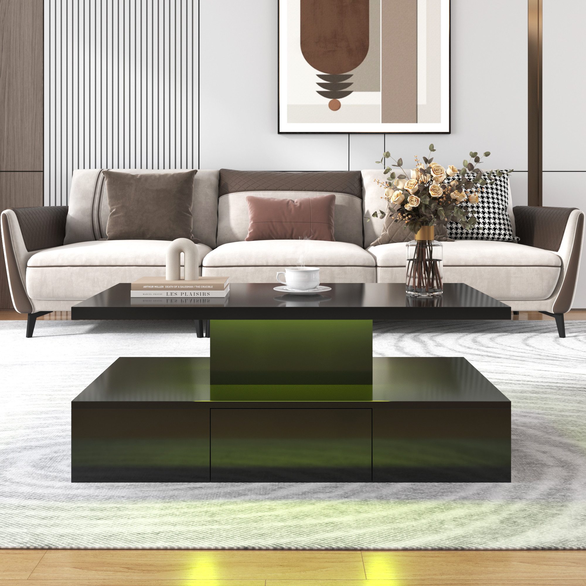 IDEASY Beistelltisch Couchtisch, Büro-Mitteltisch, moderner Beistelltisch, Beistelltisch, 100 x 50 x 39 cm mit 16-Farben-LED-Licht für Wohnzimmer