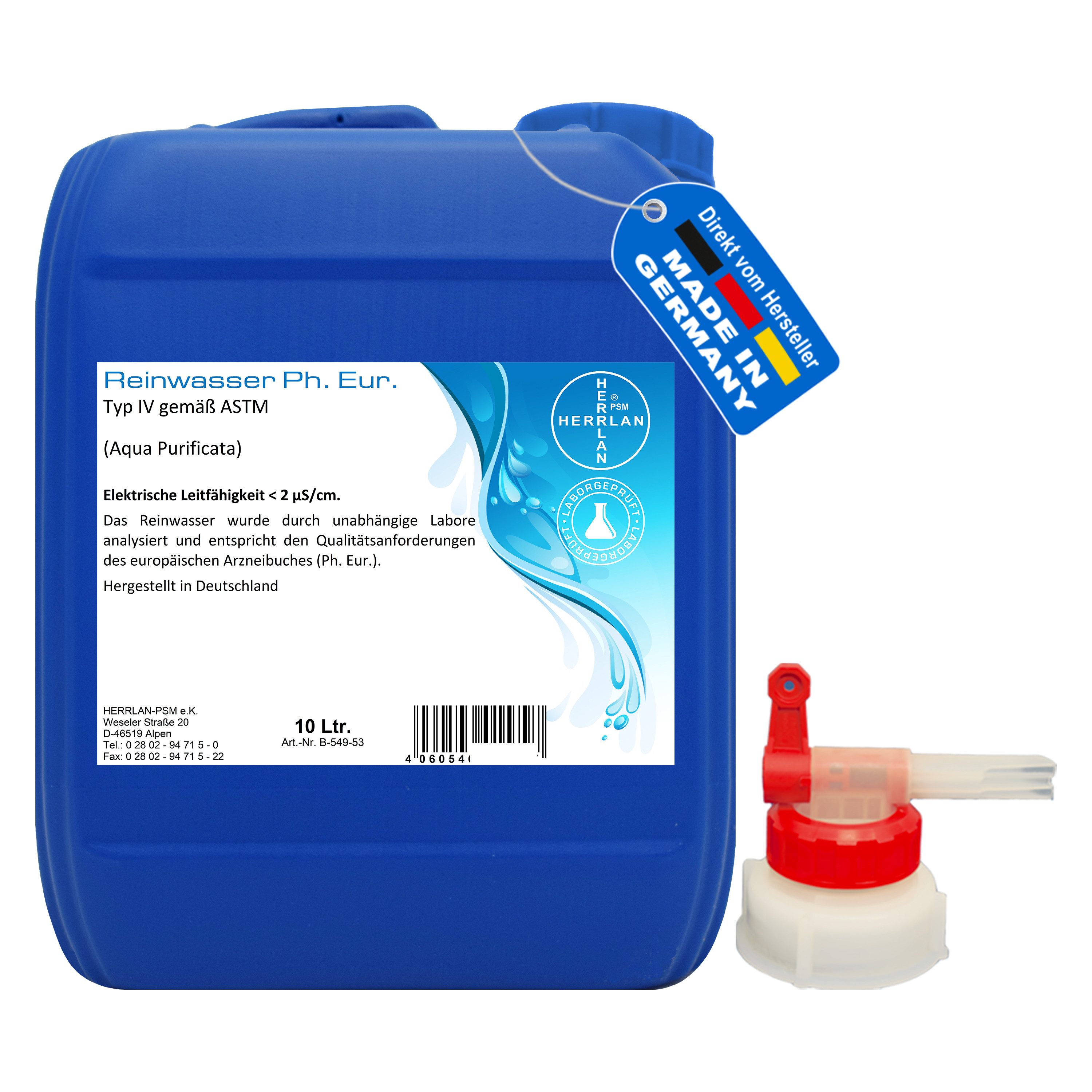 HERRLAN Destilliertes Wasser Reinwasser Ph. Eur. - AQUA PURIFICATA - destilliertes Wasser, 10 Liter inkl. 1 x AGH