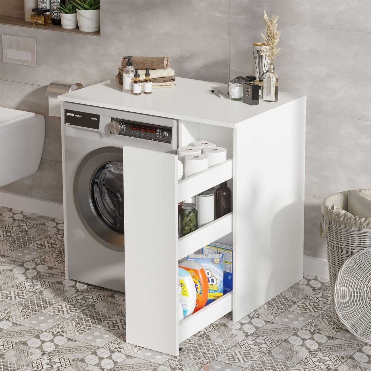 Stauraum Waschmaschinenumbauschrank Waschmaschinenschrank Verkleidung Laurito Designer Weiß Luxusbetten24 mit