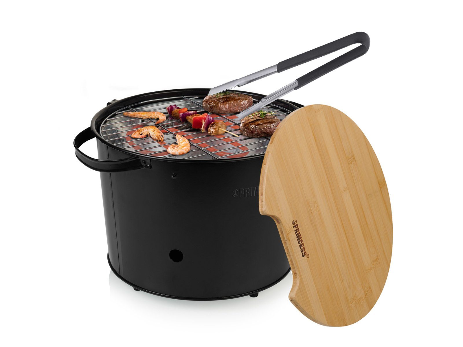 PRINCESS Tischgrill, 1400 W, Hybrid Holzgriller & Elektrogrill Barbecue Camper Grill-Geräte & Zange