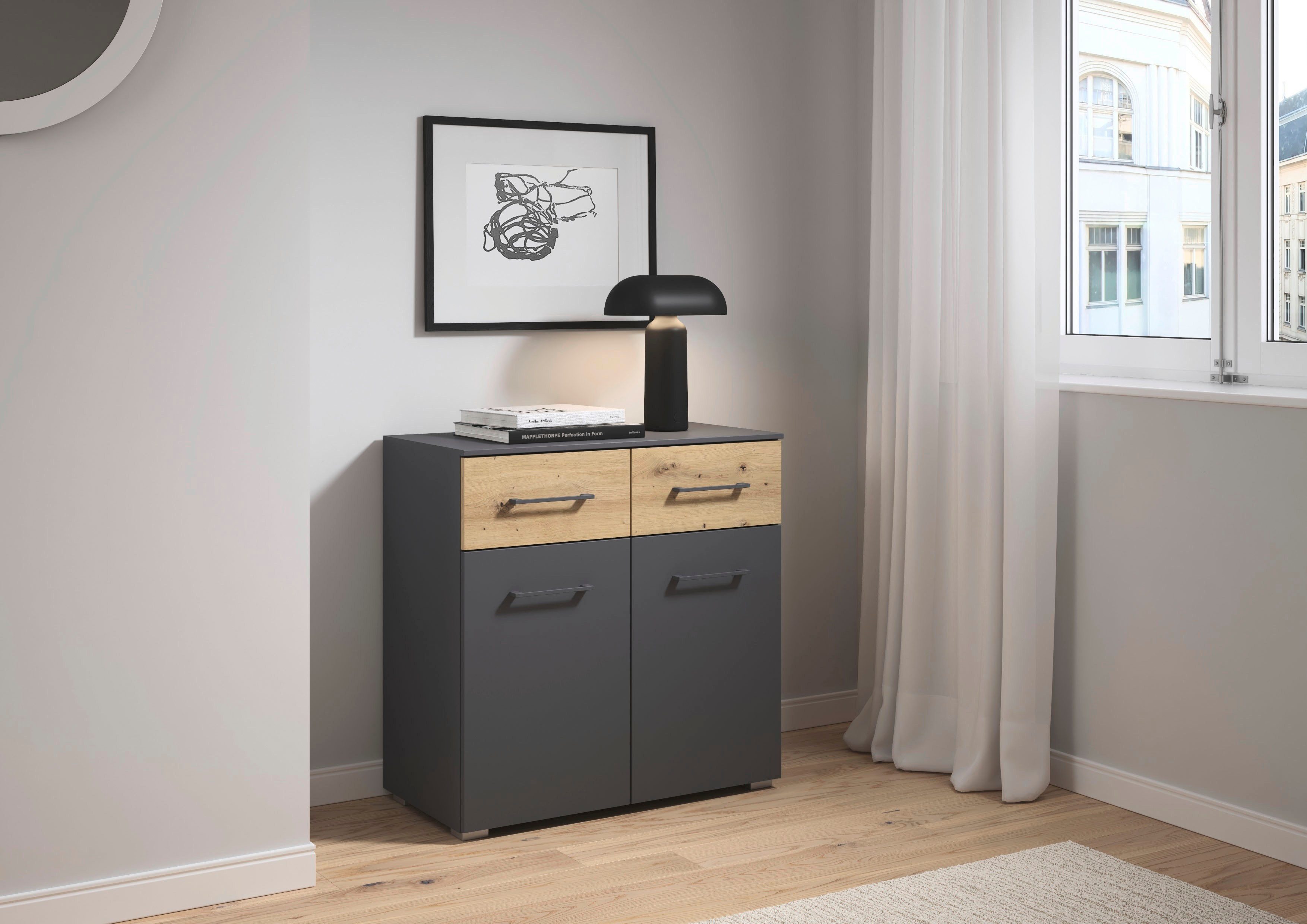 rauch Kombikommode Sideboard Kommode Schubladenkommode Türenkommode BOSTON-EXTRA (B/H/T: 80/81/42 cm), mit 2 geräumigen Schubladen, Einlegeboden verstellbar MADE IN GERMANY
