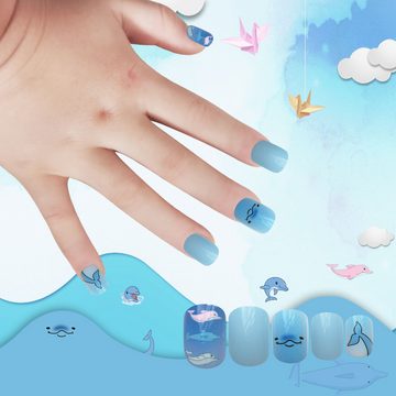 HYTIREBY Kunstfingernägel Kindernägel Künstliche Nagelspitzen für Kinder Falsche Fingernägel, 24-tlg., Kinder Nagelkunst Dekoration (Blue Theme)