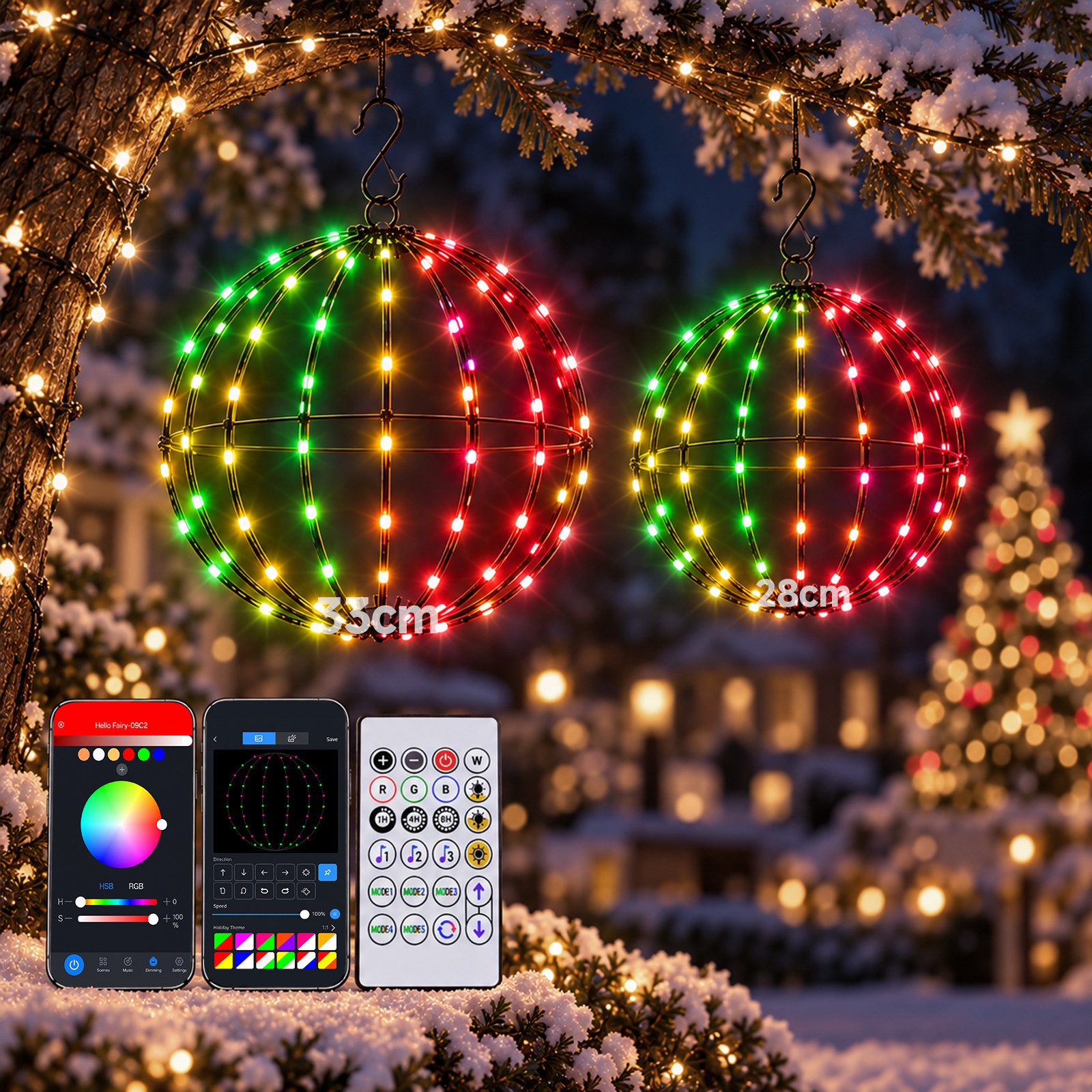 XERSEK LED Kugelleuchte 2 Stück Weihnachtsbeleuchtung Hängekugeln 33+28 cm Smart Kugel Lichter, App-Lichtdesign, RGBIC, 40+ Modi, Timer, Musik-Sync, LED fest integriert, für Festtage, Klappbar, DIY-Modus