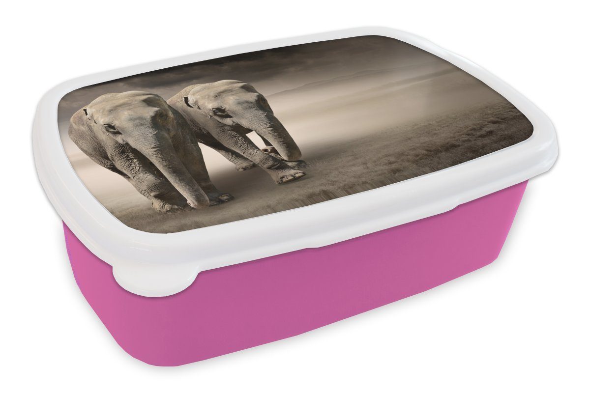 MuchoWow Lunchbox Elefant - Berg - Nebel, Kunststoff, (2-tlg), Brotbox für Erwachsene, Brotdose Kinder, Snackbox, Mädchen, Kunststoff rosa
