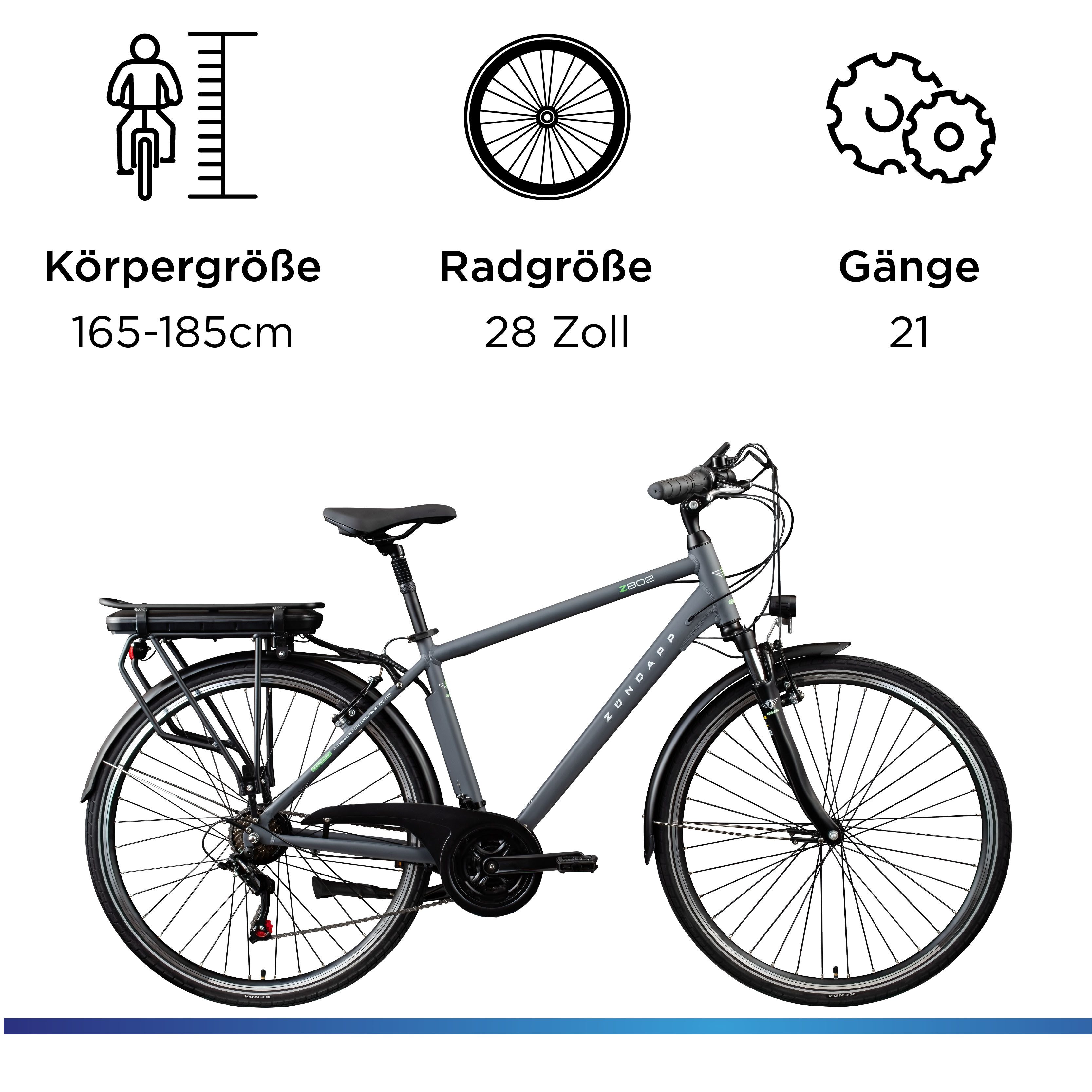 Zündapp E-Bike Trekkingrad Z802 Herren, 21 Gang Shimano Altus RD-M310 Schaltwerk, Kettenschaltung, Heckmotor, 374 Wh, Pedelec, Elektrofahrrad für Herren