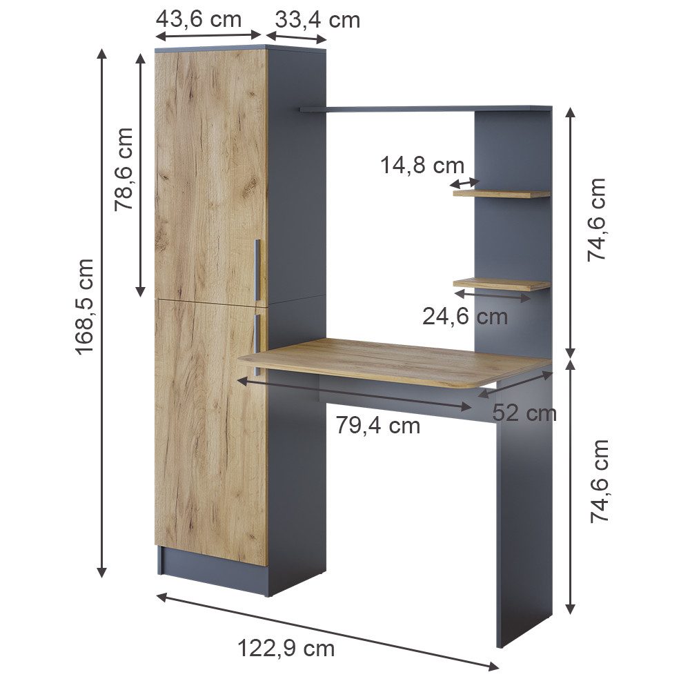 Vicco Schreibtisch Tessa, Anthrazit/Goldkraft Eiche, 122.9 x 33.4 cm günstig online kaufen