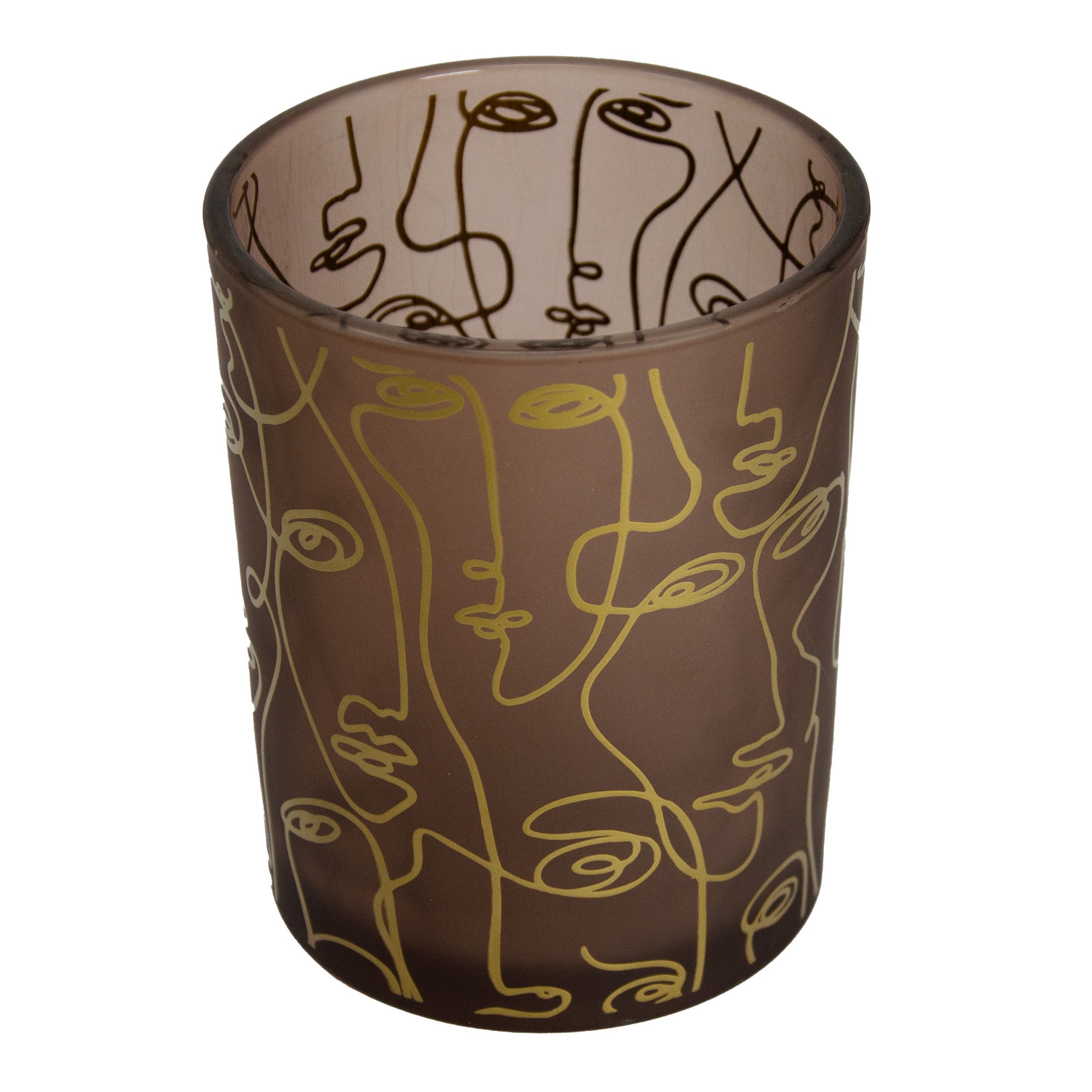 Goldbach Windlicht Teelichtglas mit Gesichter Motiv in Braun - 12,5 x Ø 10 cm