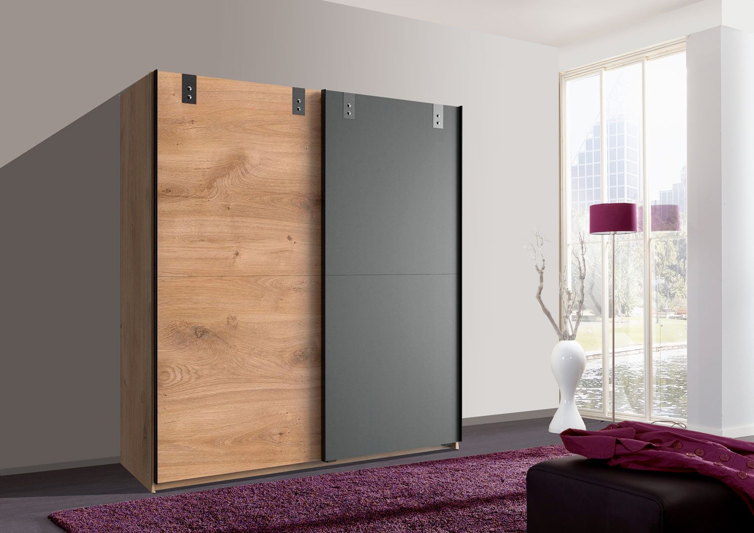 Wimex Schwebetürenschrank Liverpool (Liverpool, 1-St., Schwebetürenschrank) 180x64x198cm Plankeneiche / graphit