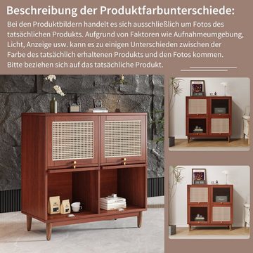 Merax Kommode Landhaus mit Massivholzbeine, Aufbewahrungsschrank, mit 4 Fächern, Sideboard mit Rattantüren und Acryltüren