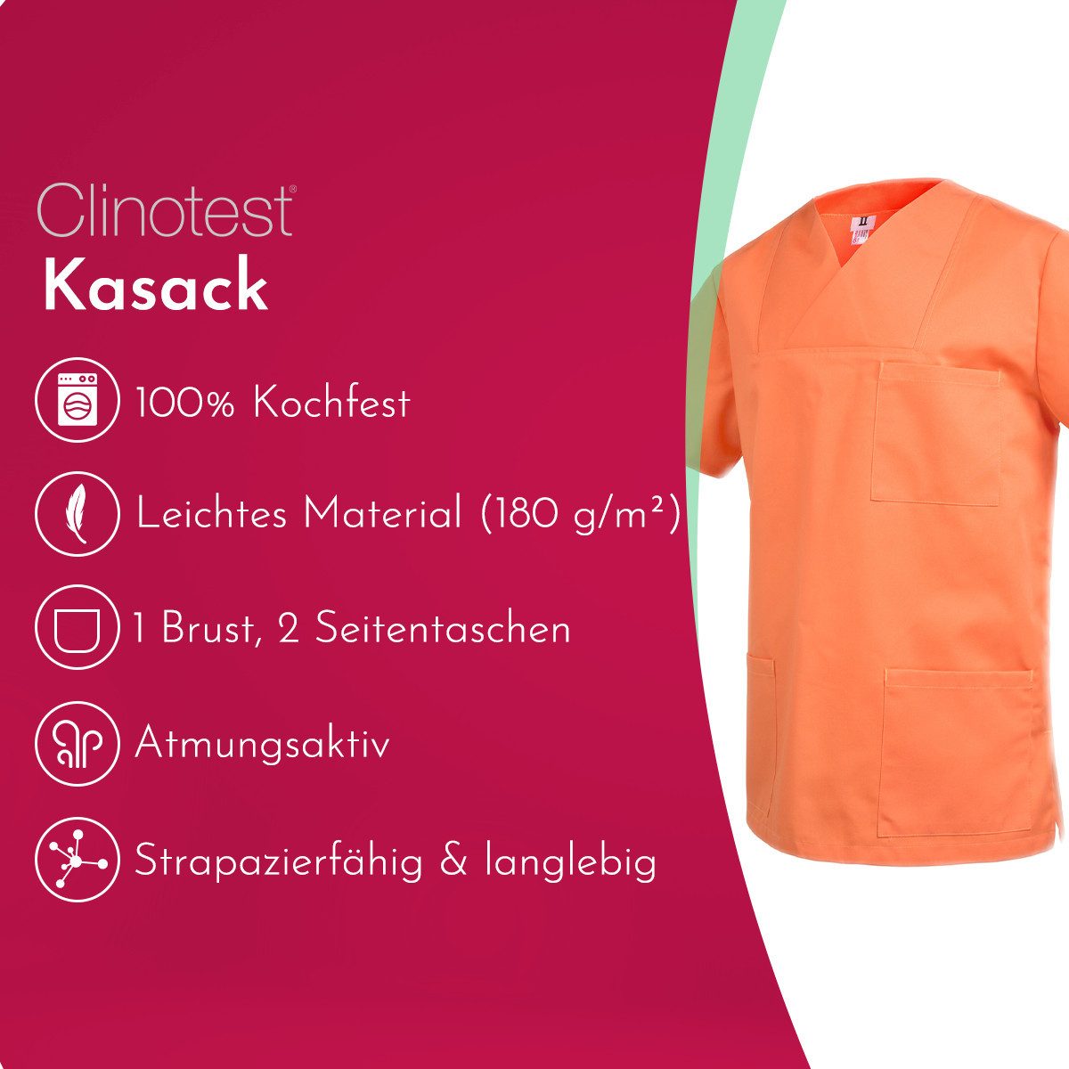Clinotest Funktionsbluse Kasack Damen & Herren - 95 Grad waschbare, kochfest ohne einzulaufen (1-tlg) Schlupfkasack aus Baumwolle & Polyester - Berufsbekleidung für Pflege