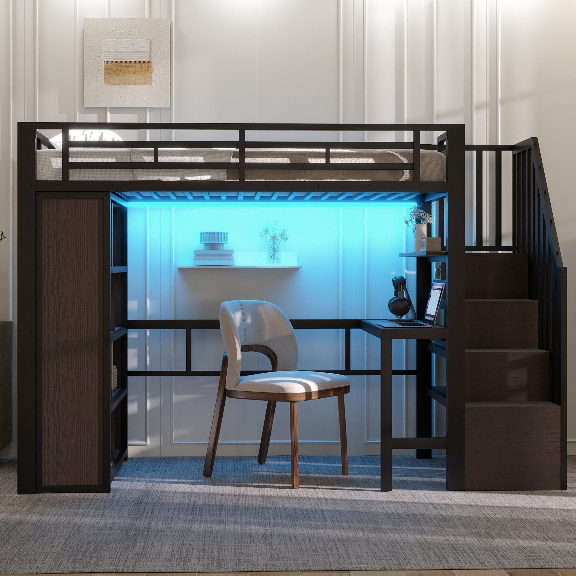STILVORA Hochbett 90x200 mit schreibtisch Jugendbett mit Stauraum Metallbett LED-Licht (mit integriertem Schreibtisch, Ablagefach, LED-Lichtleiste und Treppenstauraum, 90x200 cm) ohne Matratze