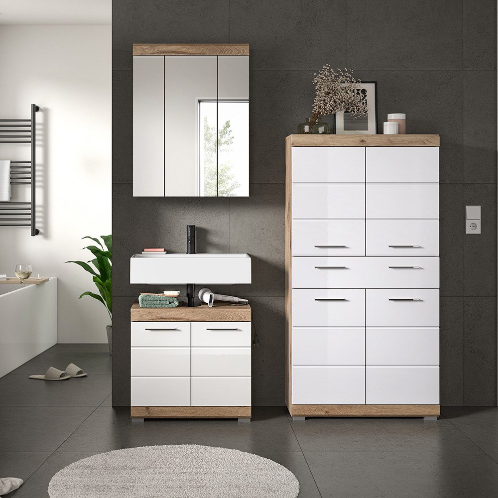Lomadox Badmöbel-Set SIROCO-158, (Spar-Set, 3-St., Spiegelschrank Waschbeckenunterschrank Midischrank), in Eiche dunkel mit weiß Hochglanz