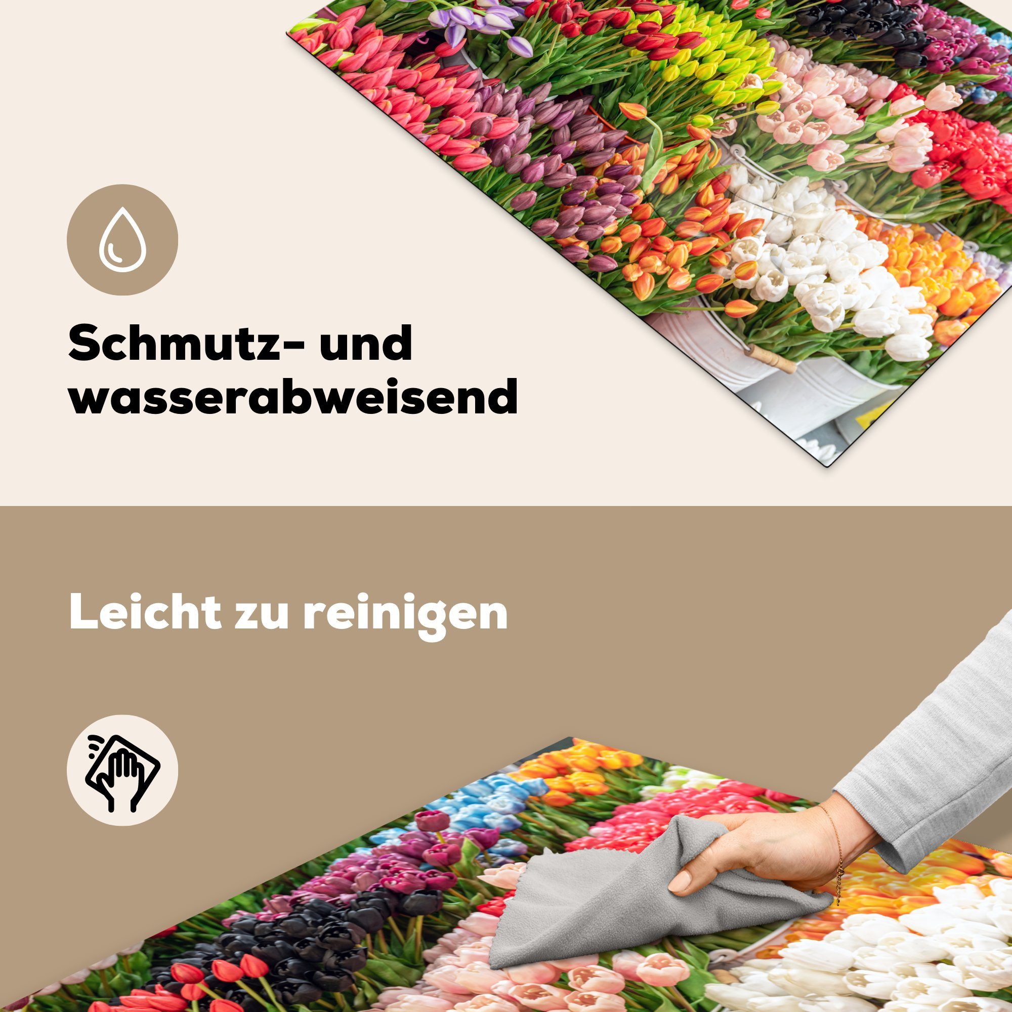 Induktionskochfeld Schutz Blumen Farben, die küche, MuchoWow (1 tlg), 81x52 cm, Ceranfeldabdeckung Vinyl, Herdblende-/Abdeckplatte Tulpen - - für