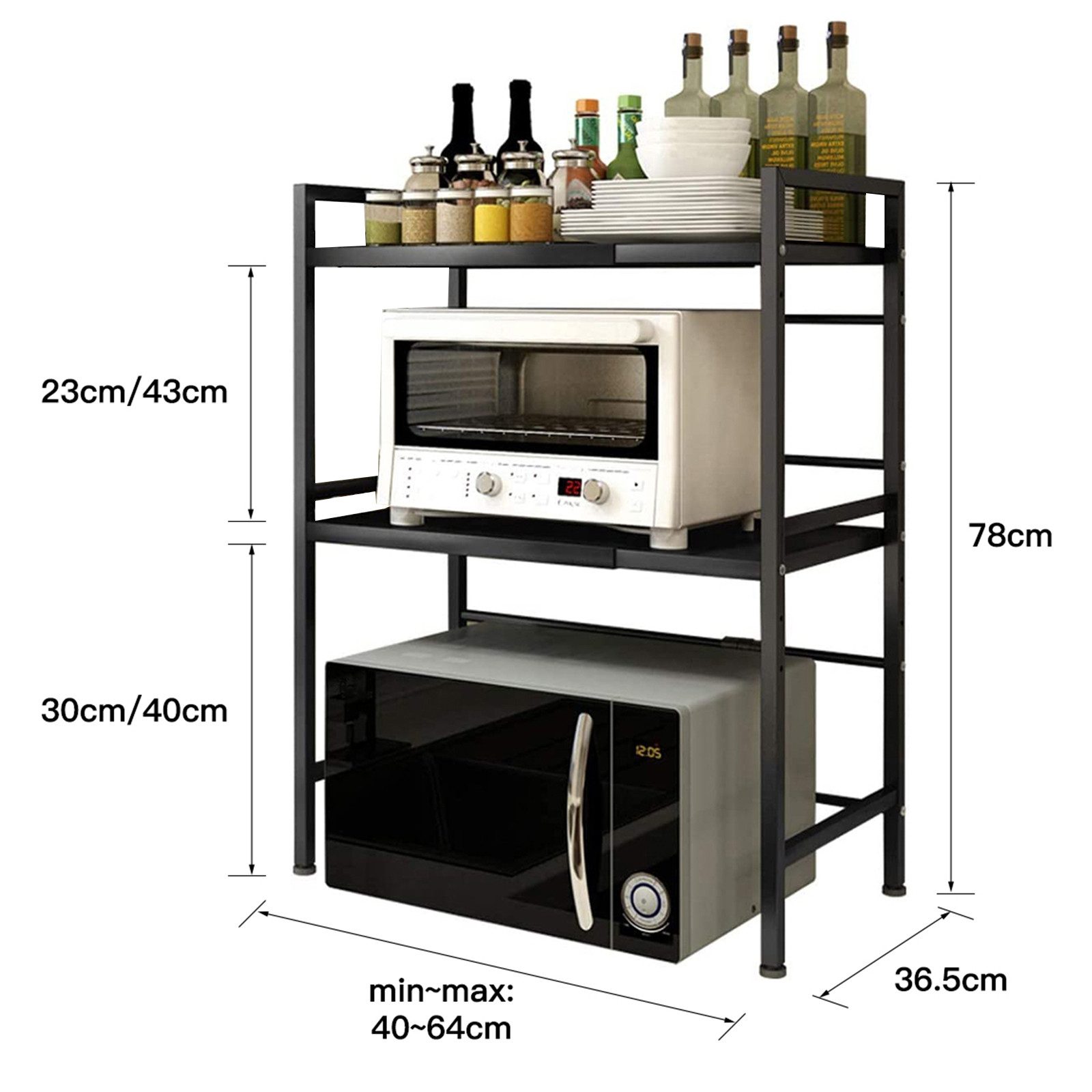 JEOBEST Regalelement Küchenregal Mikrowellenregal 3-Stufig, Erweiterbares Mikrowellen Regal, mit 6 Haken für Arbeitsplatte,Bäckereiregale,Küchenorganizer