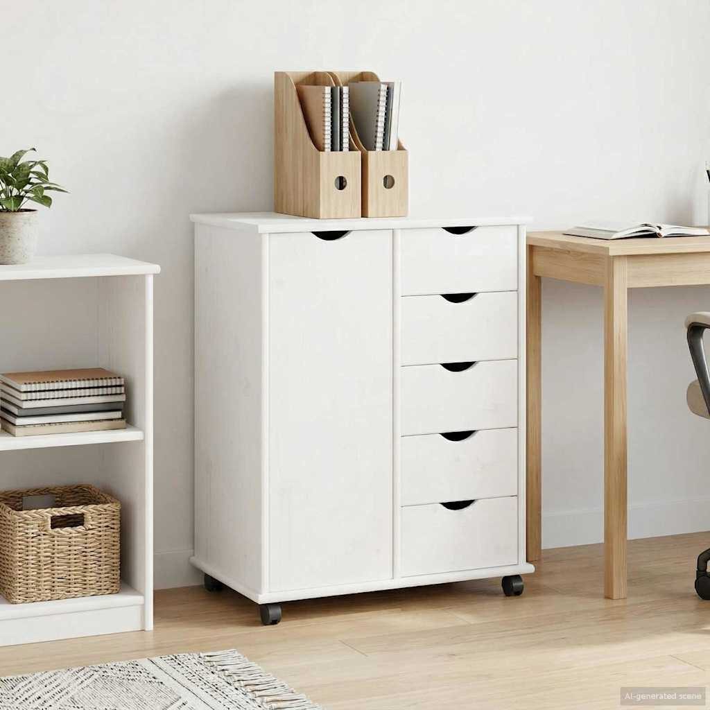 vidaXL Rollcontainer Rollschrank 63,5 x 39 x 79 cm Massivholz Kiefer Weiß, (1 St)