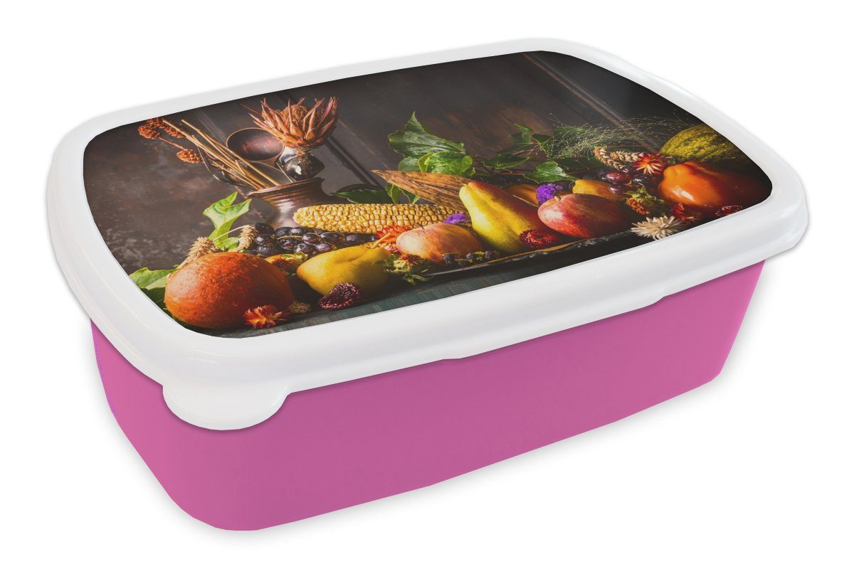 MuchoWow Lunchbox Gemüse - Obst - Rustikal - Tisch, Kunststoff, (2-tlg), Brotbox für Erwachsene, Brotdose Kinder, Snackbox, Mädchen, Kunststoff rosa