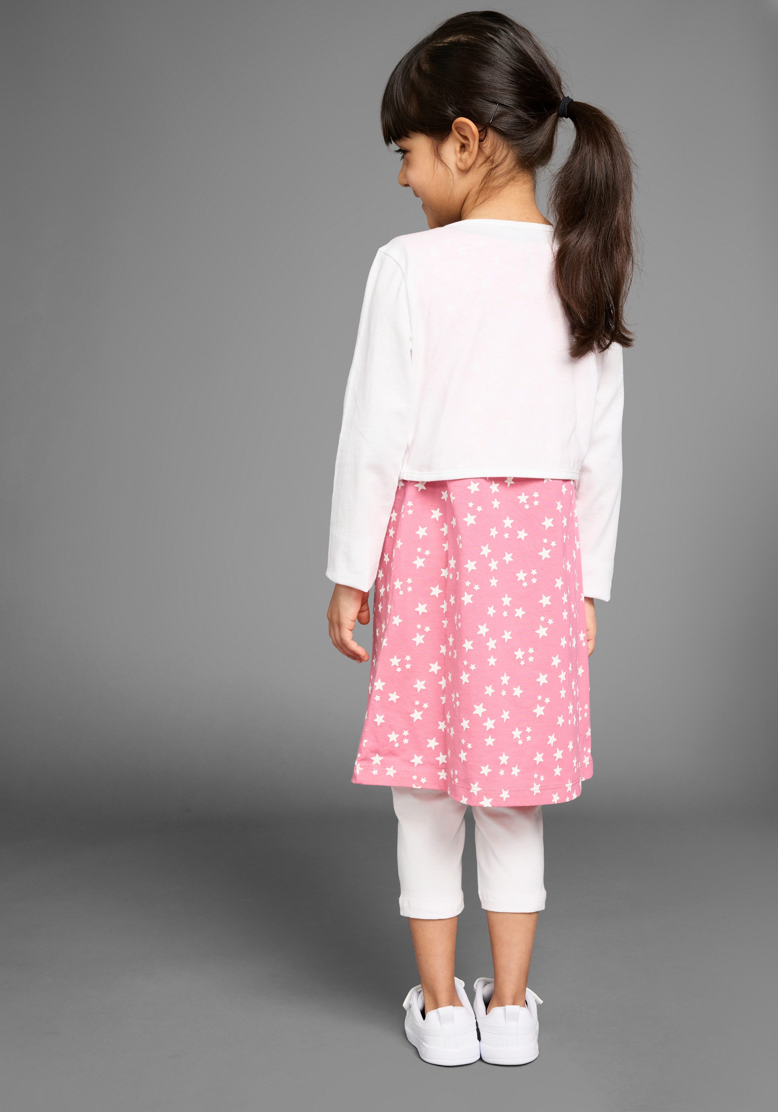 KIDSWORLD Bolero, Kleid & Leggings 3tlg. Set, Komplett Outfit mit Sternenmuster (Set, 3-tlg., 3) mit niedlicher Bolero-Jacke