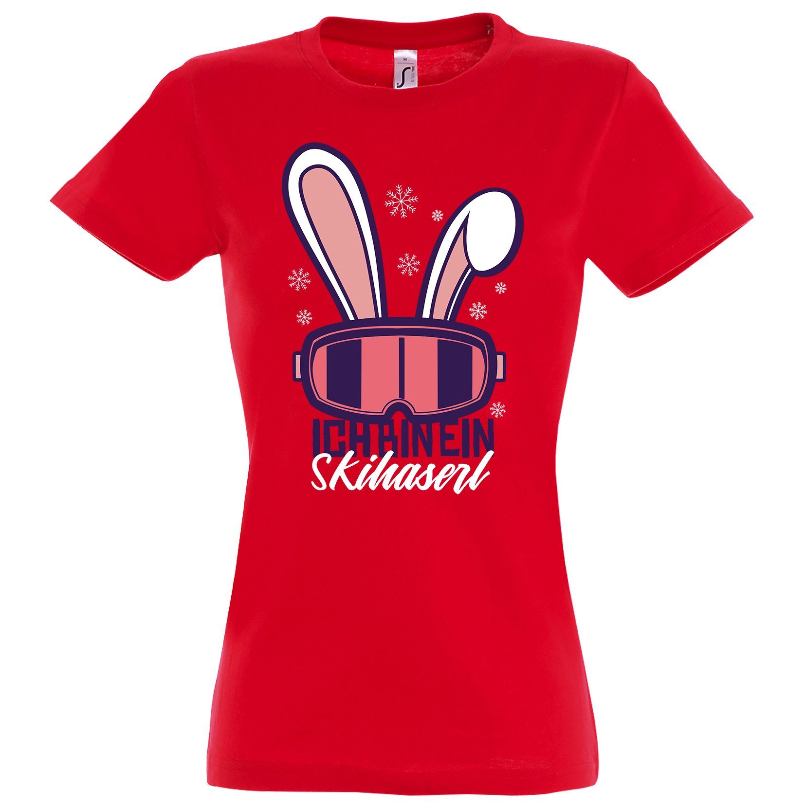 Youth Designz Bin Ich mit trendigem Frontprint Rot Ein Ski Damen Shirt T-Shirt Haserl