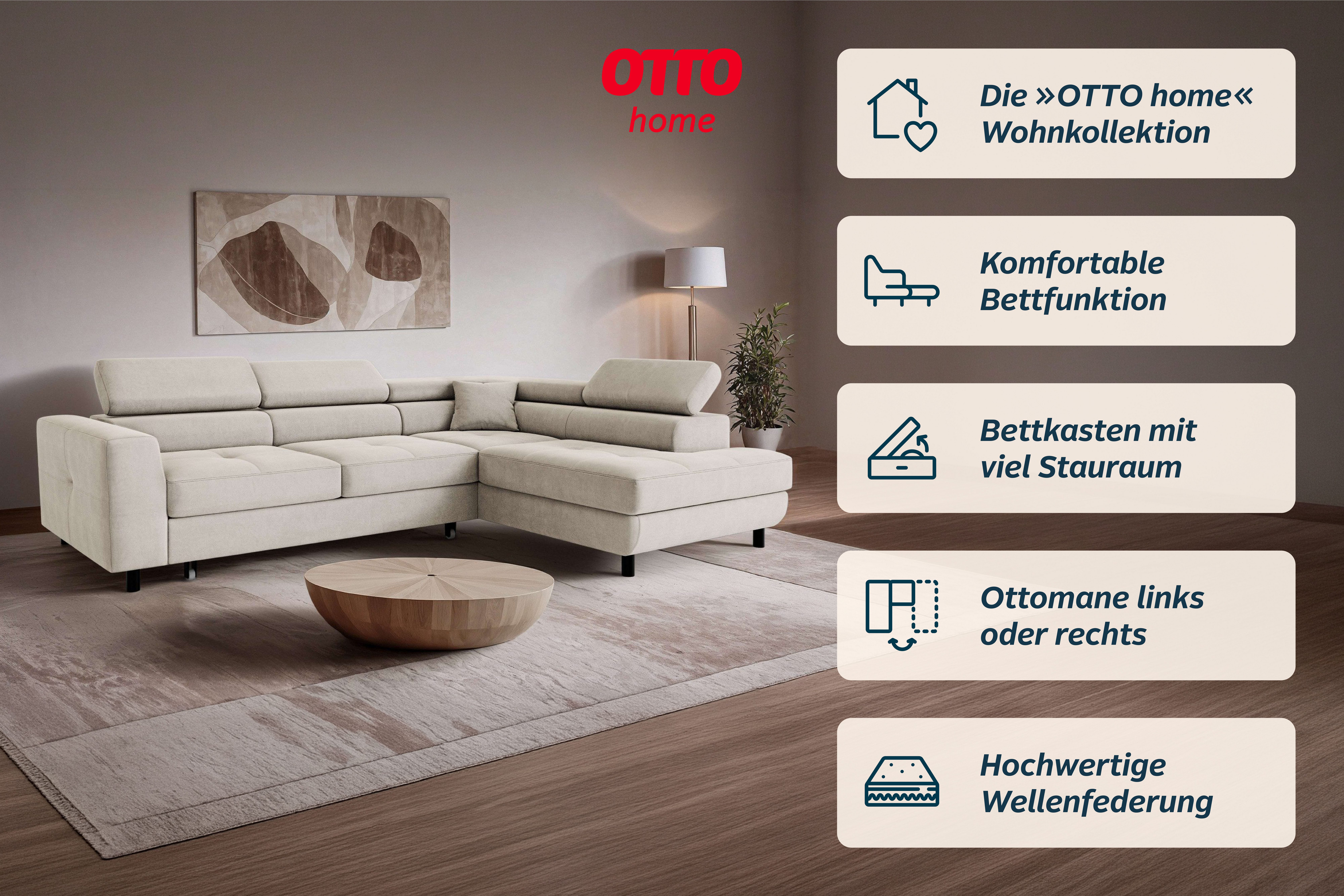 OTTO home Ecksofa AADEN Schlafsofa 254 cm - OTTO. Verlässliche Qualität., mit Bettfunktion, Bettkasten, Kopfstützen, rechts/links bestellbar – Bild 3 von 5