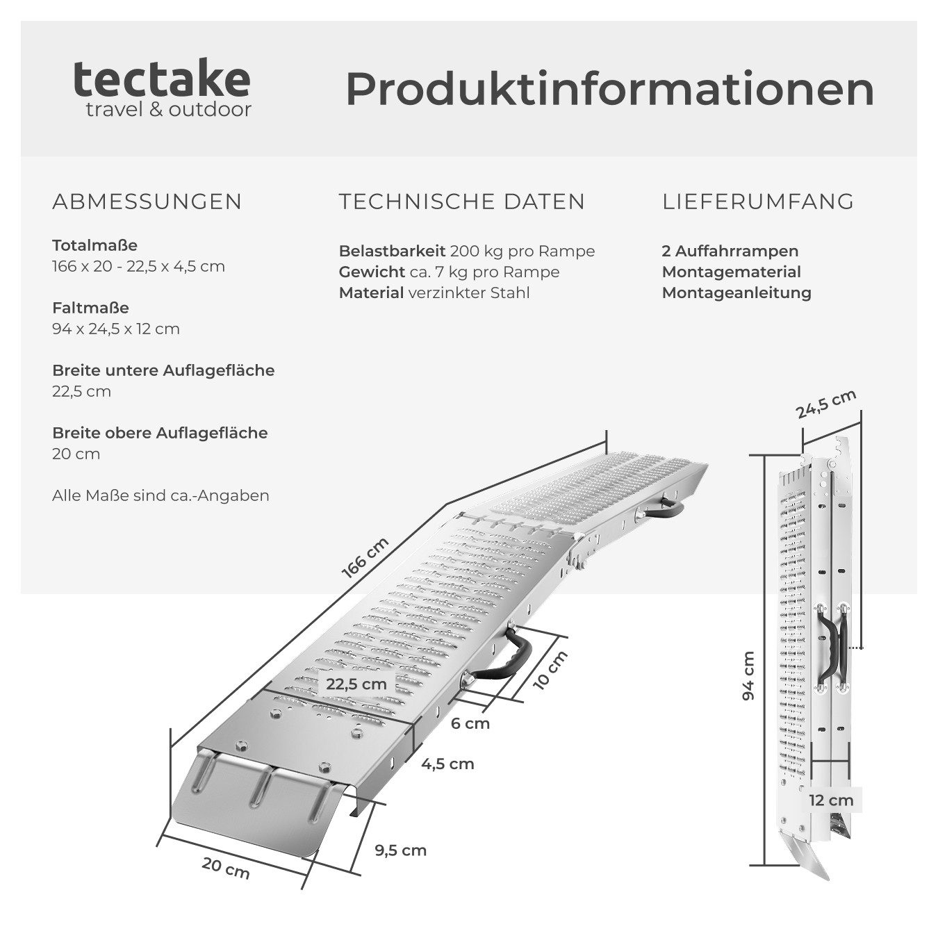 tectake Auffahrrampe 2er-Set Verladerampen aus verzinktem Stahl, faltbar, mit (Set, 2x Verladerampe), 400 kg Belastbarkeit, 200 kg je Rampe, perforierte rutschf – Bild 5 von 5