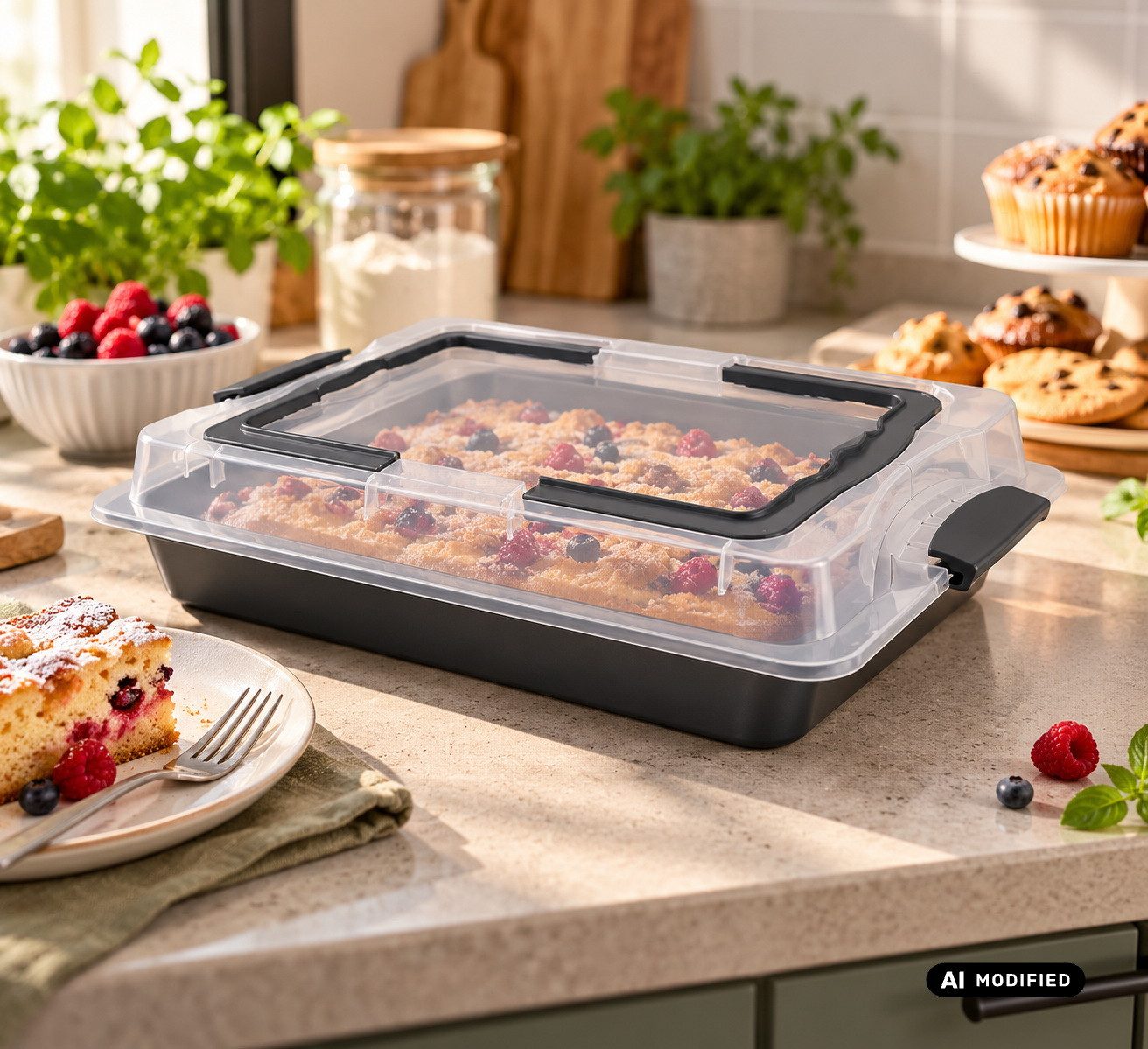 DESKI Backblech Kuchenblech mit Transportdeckel Ofenblech & Aromadeckel Transportbox, Carbonstahl und Kunststoffdeckel, (beschichtetes Blech mit Transport-Abdeckung, 42,5 × 29,5 × 7,5 cm Backofenblech / Auflaufblech / Pizzablech), Deckel mit integrierten Tragegriffen