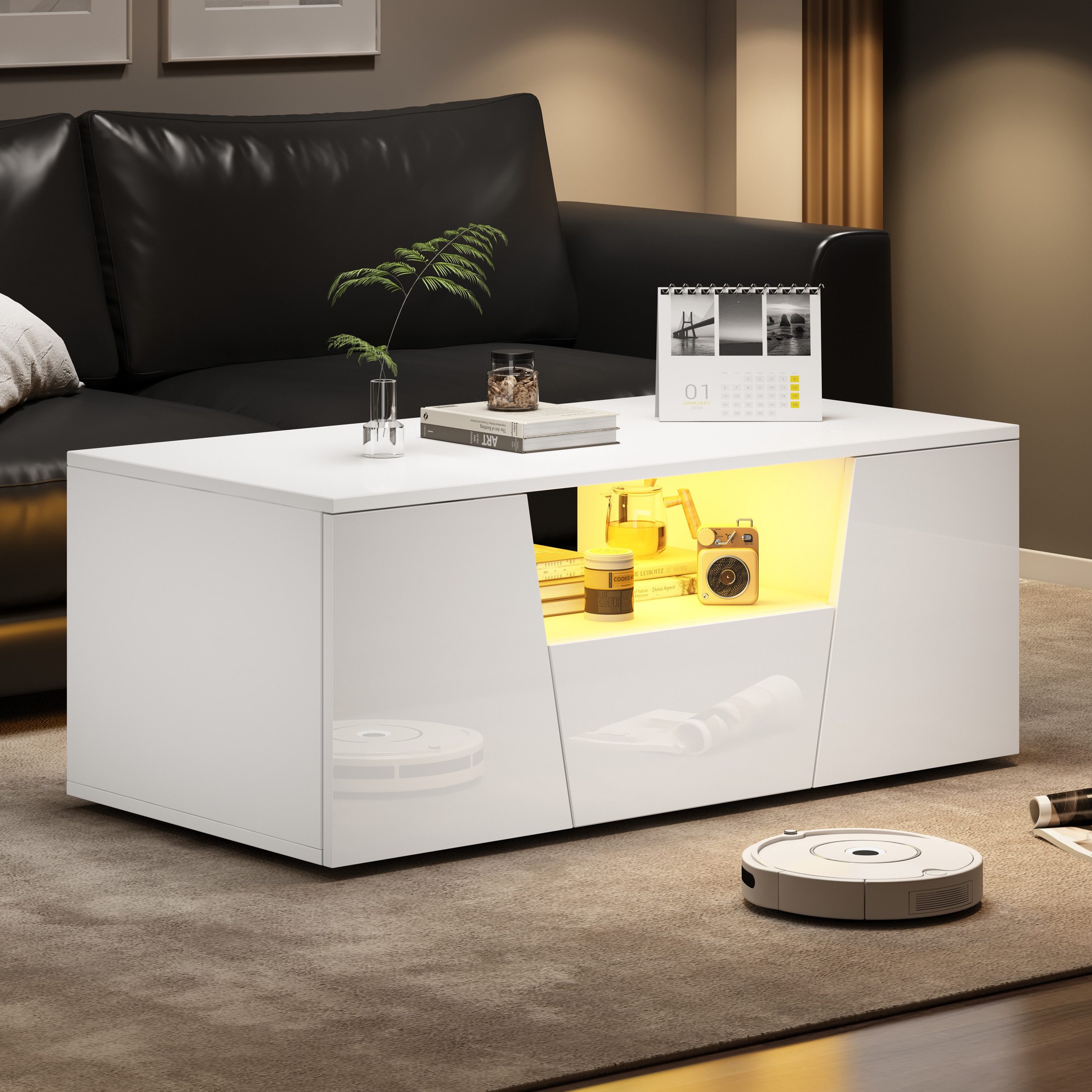 Merax Couchtisch hochglanz Sofatisch Beistelltisch mit LED-Beleuchtung (Kaffeetisch mit App-Steuerung & USB-Anschluss, 1-St., 100x50x40cm), Wohnzimmertisch mit 2 Schränken, 1 Schublade & unregelmäßigem Design