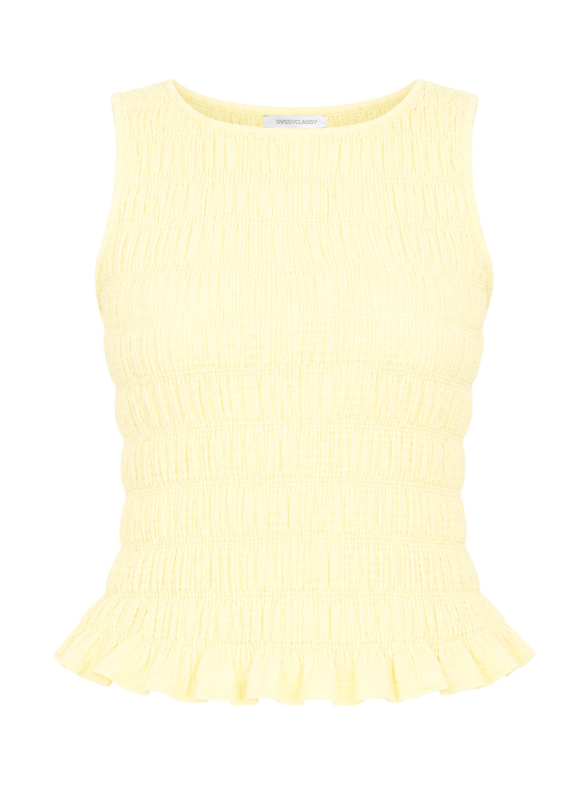 SASSYCLASSY T-Shirt Ärmelloses Smok-Top für Damen Leichtes Baumwolltop mit gewelltem Saum und Rundhalsausschnitt